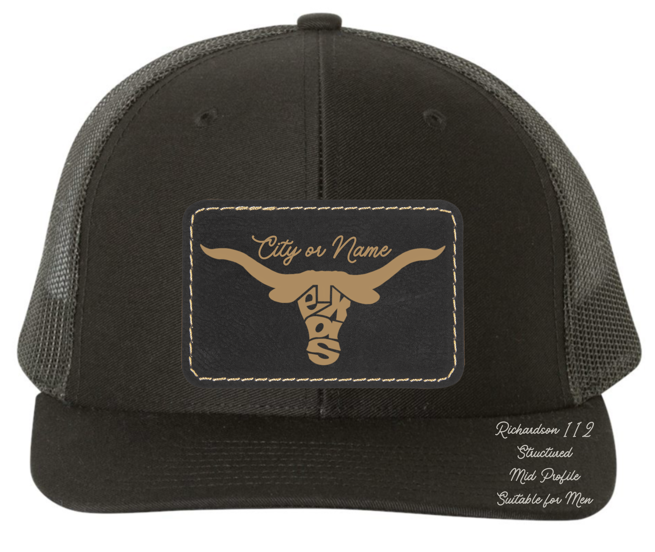 Richardson 112 black hat with original design Longhorn Texas customizable