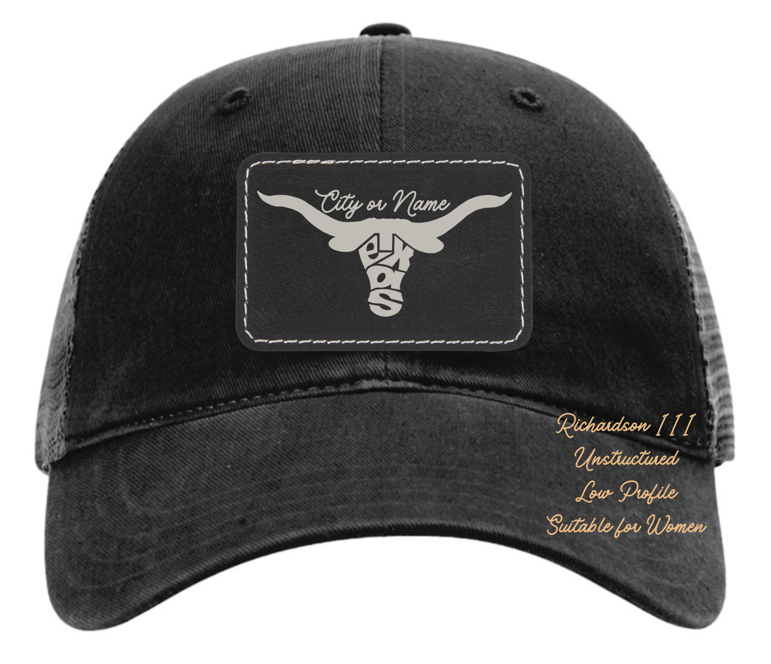 Richardson 111 black hat with original design Longhorn Texas customizable