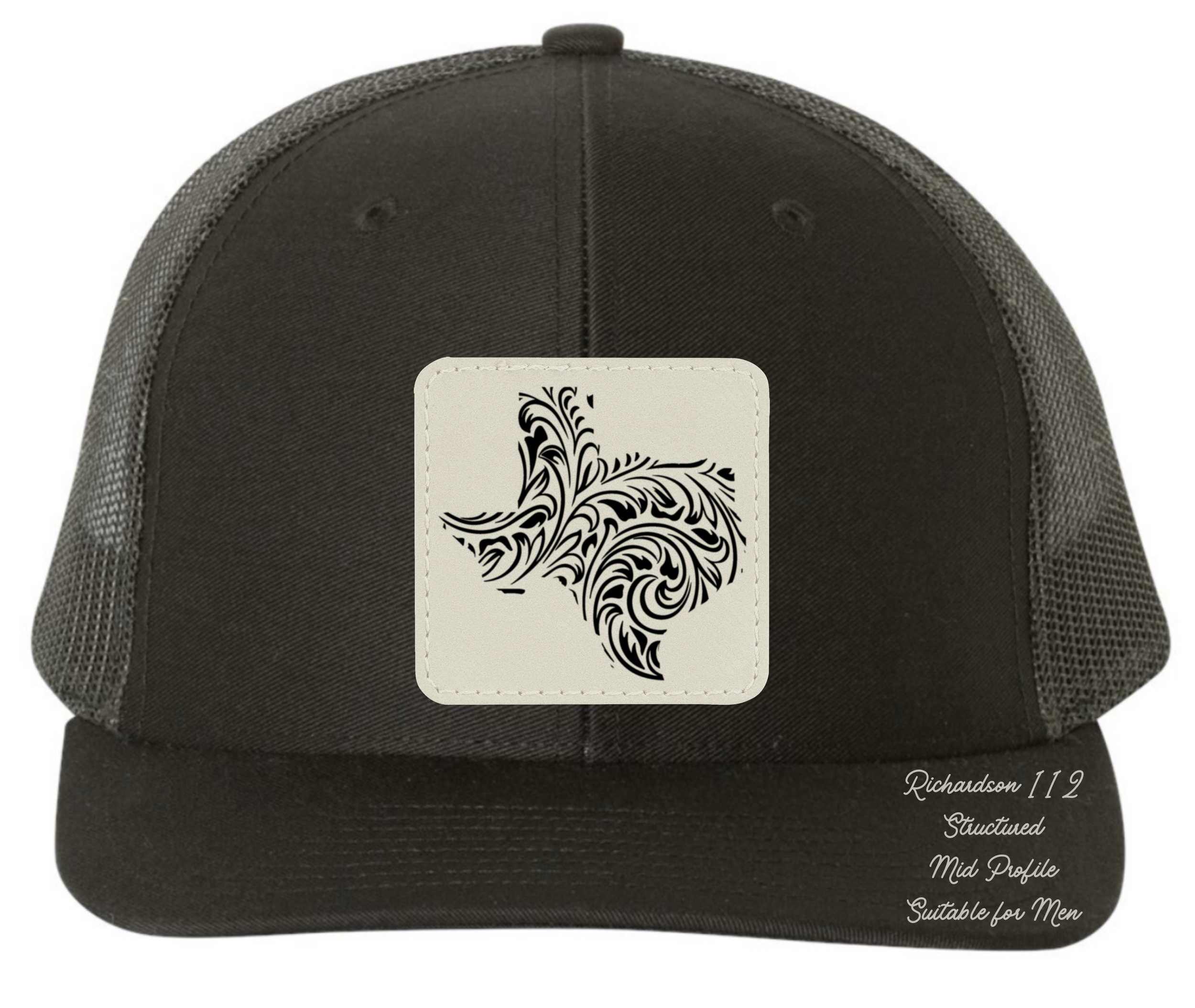 Richardson 112 black hat tooled leather in the shape of Texas