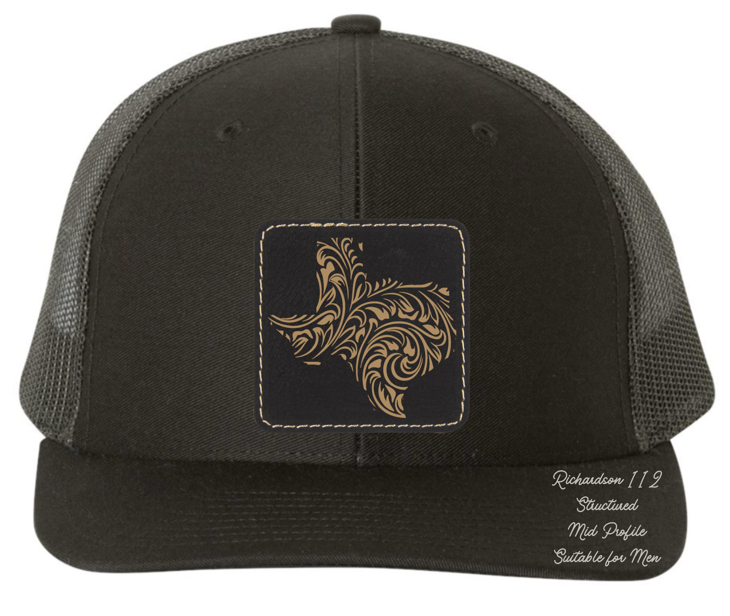 Richardson 112 black hat tooled leather in the shape of Texas