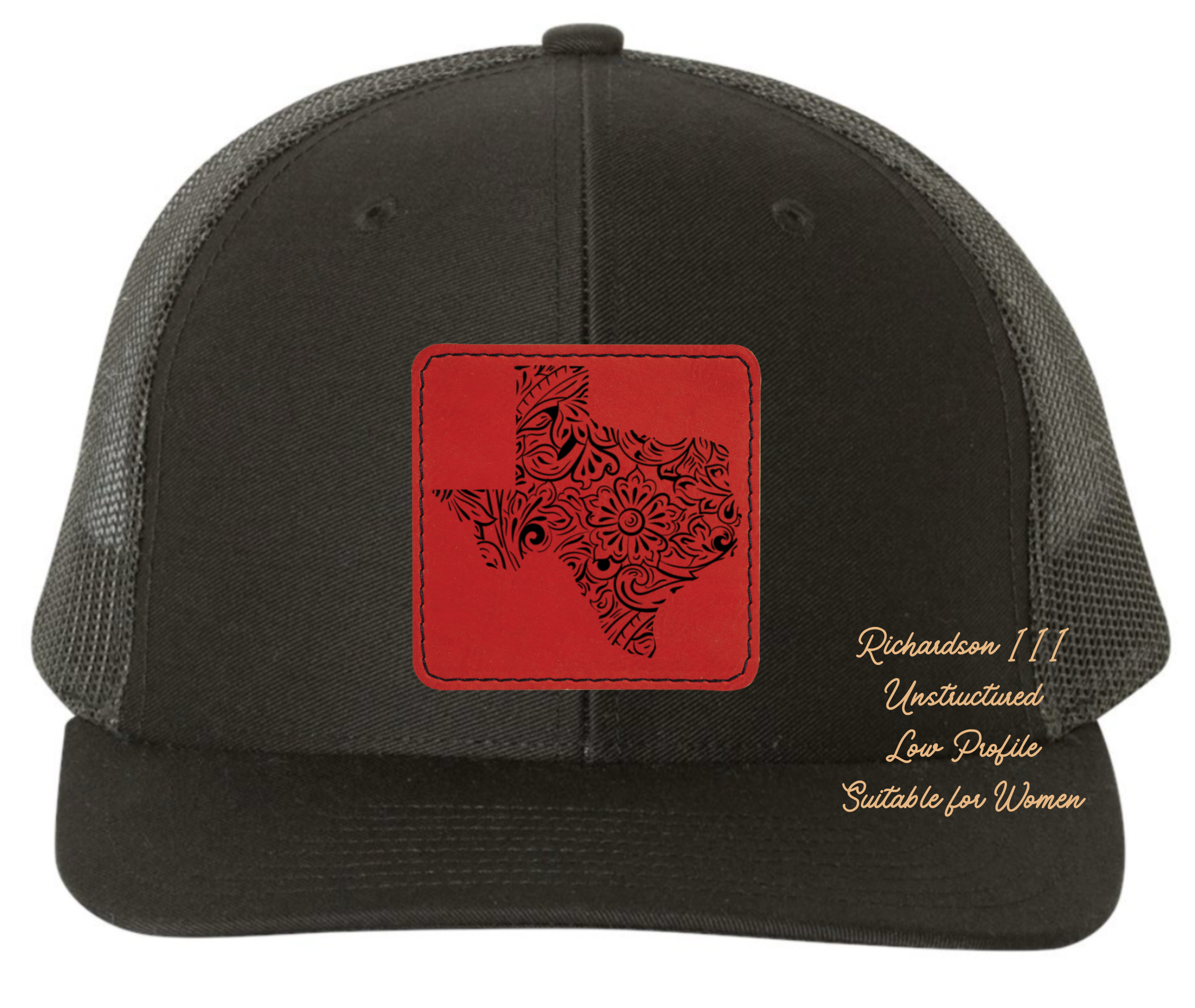 Richardson 111 black hat tooled leather in the shape of Texas