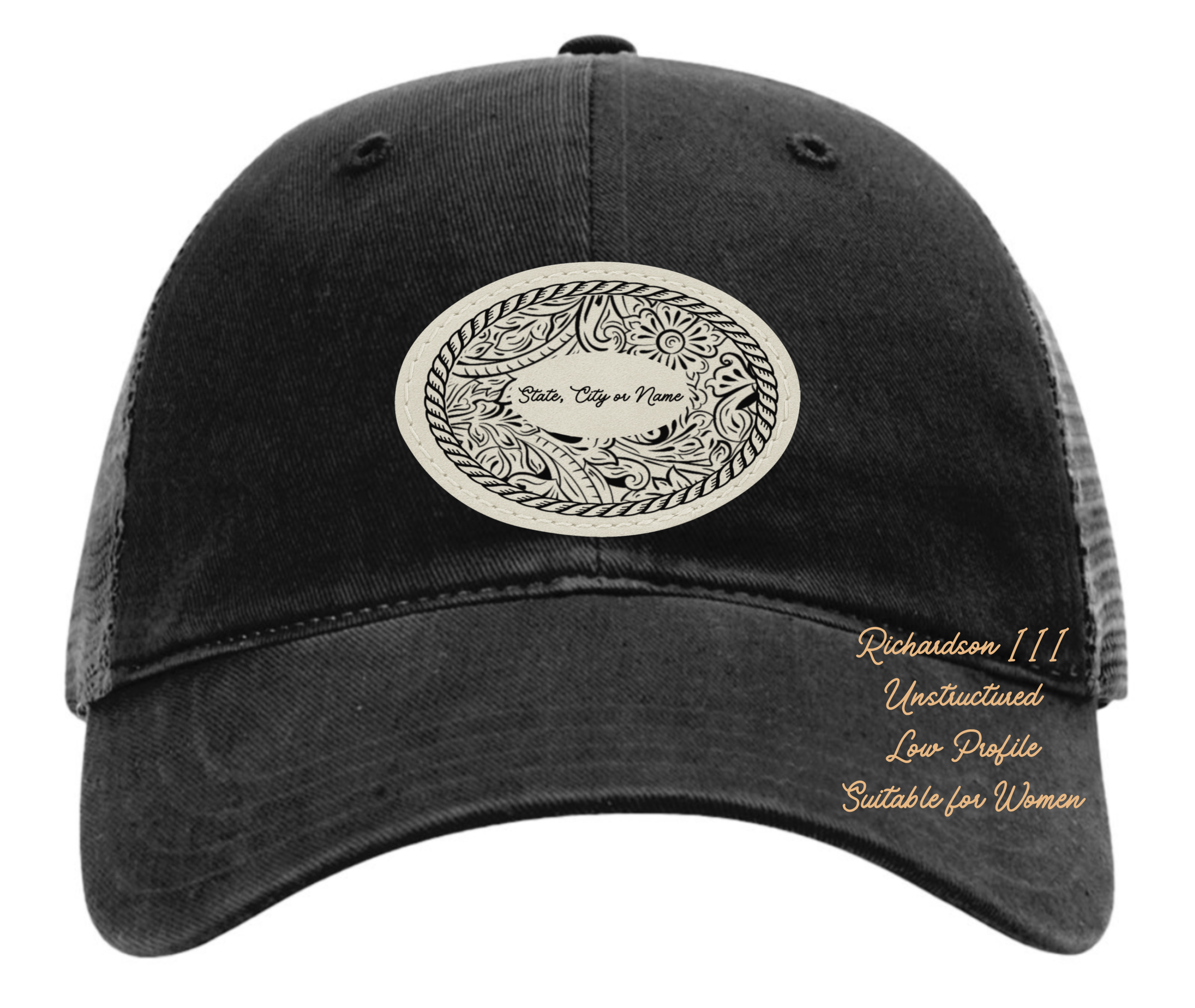 Richardson 111 black hat tooled leather Texas oval rectangle Customizable