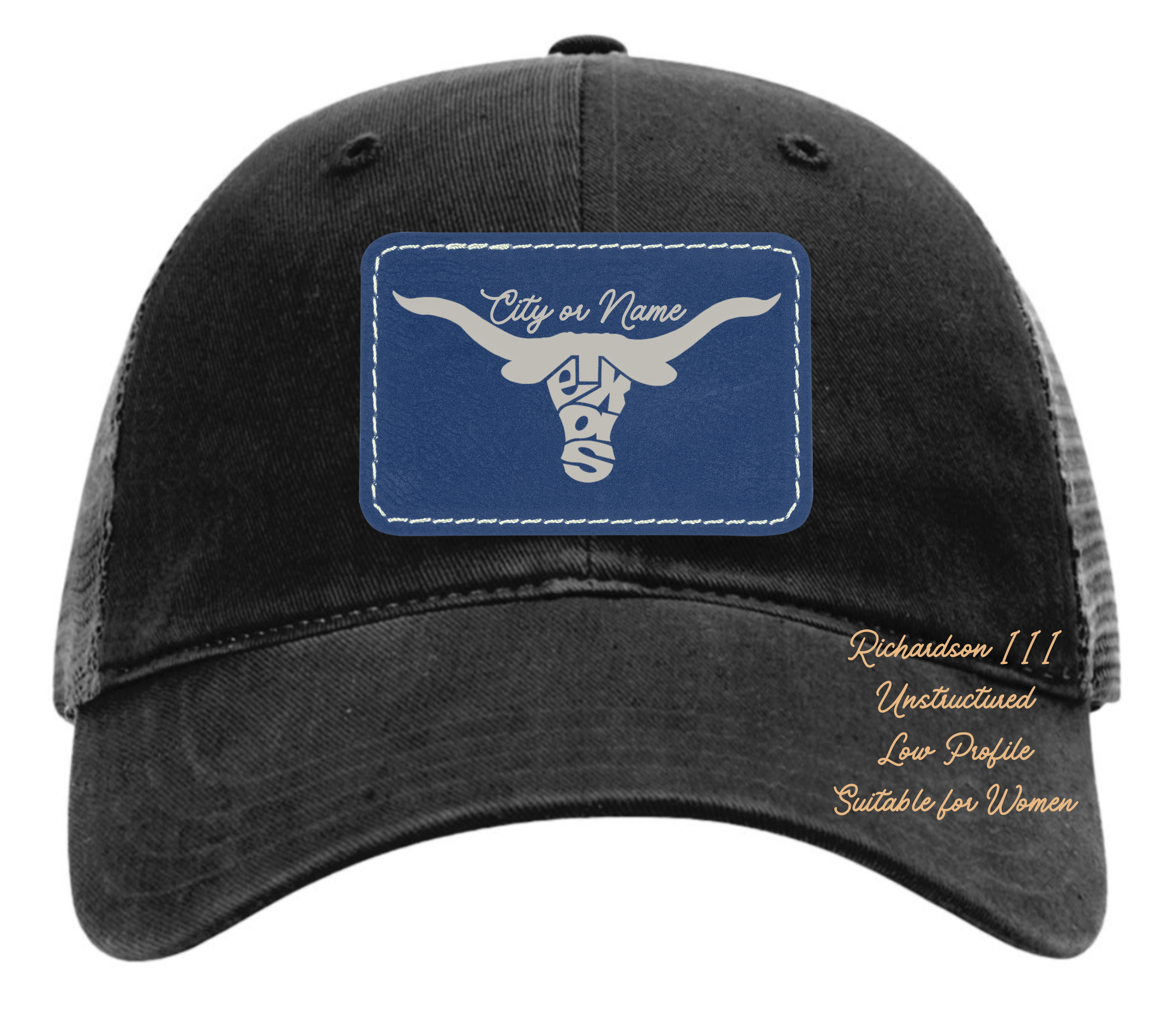 Richardson 111 black hat with original design Longhorn Texas customizable