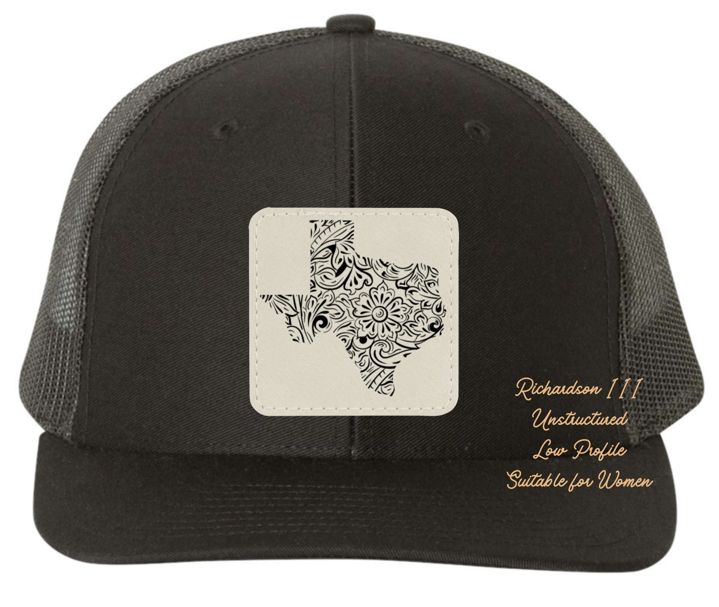 Richardson 111 black hat tooled leather in the shape of Texas