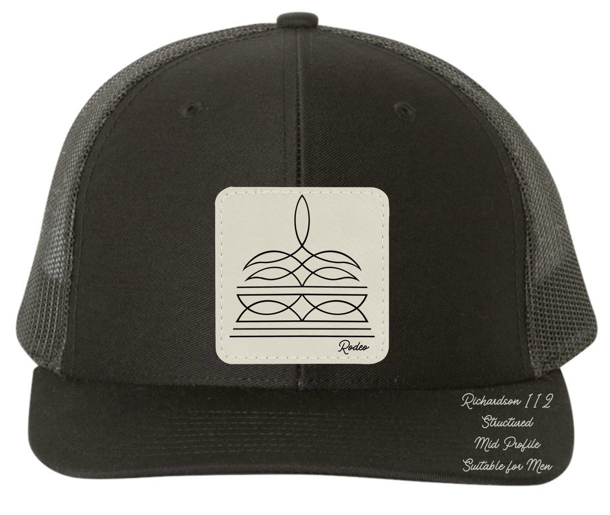 Richardson 112 black hat with boot stitch design customizable