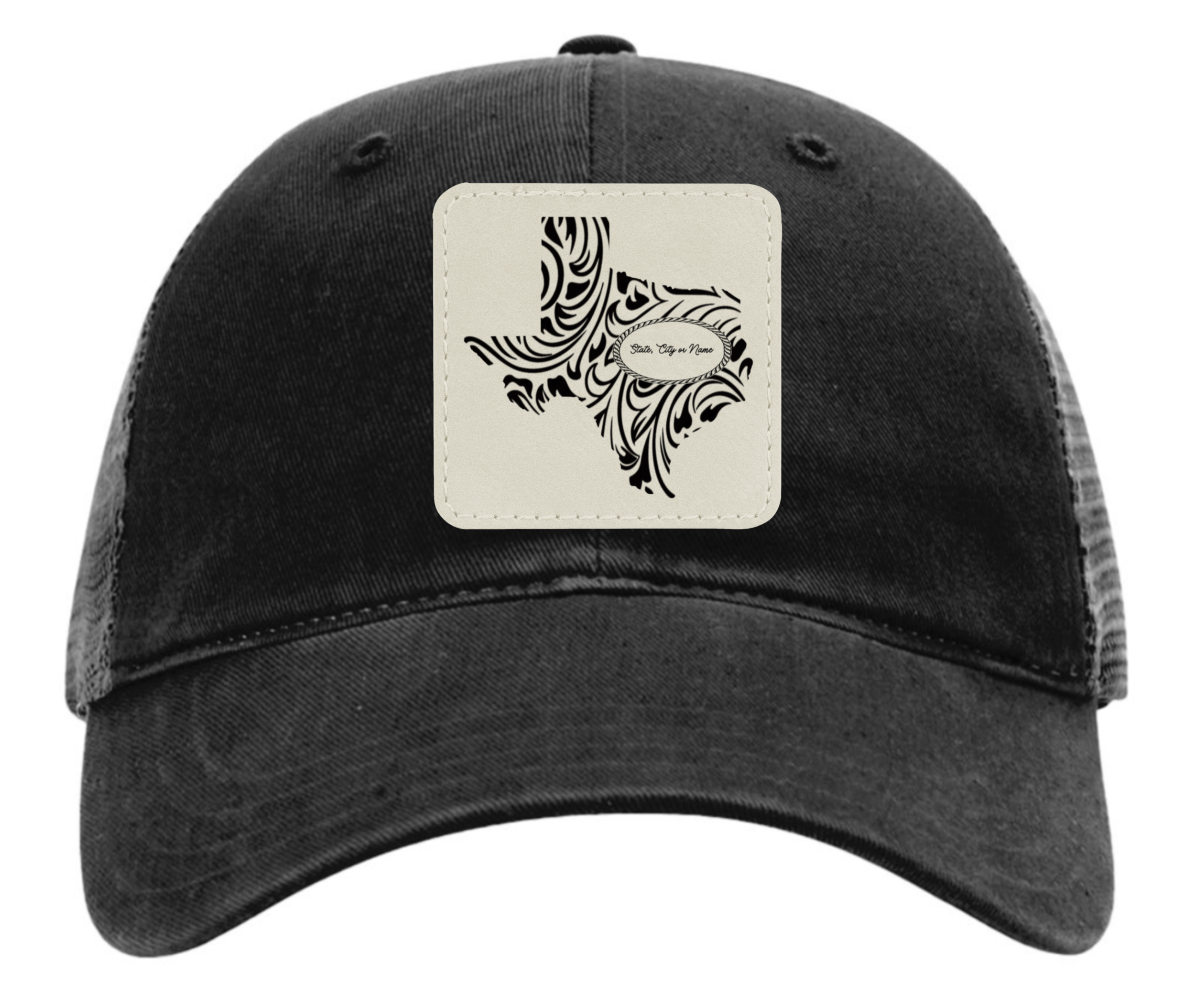 Richardson 111 black hat with original Texas tooled leather design customizable