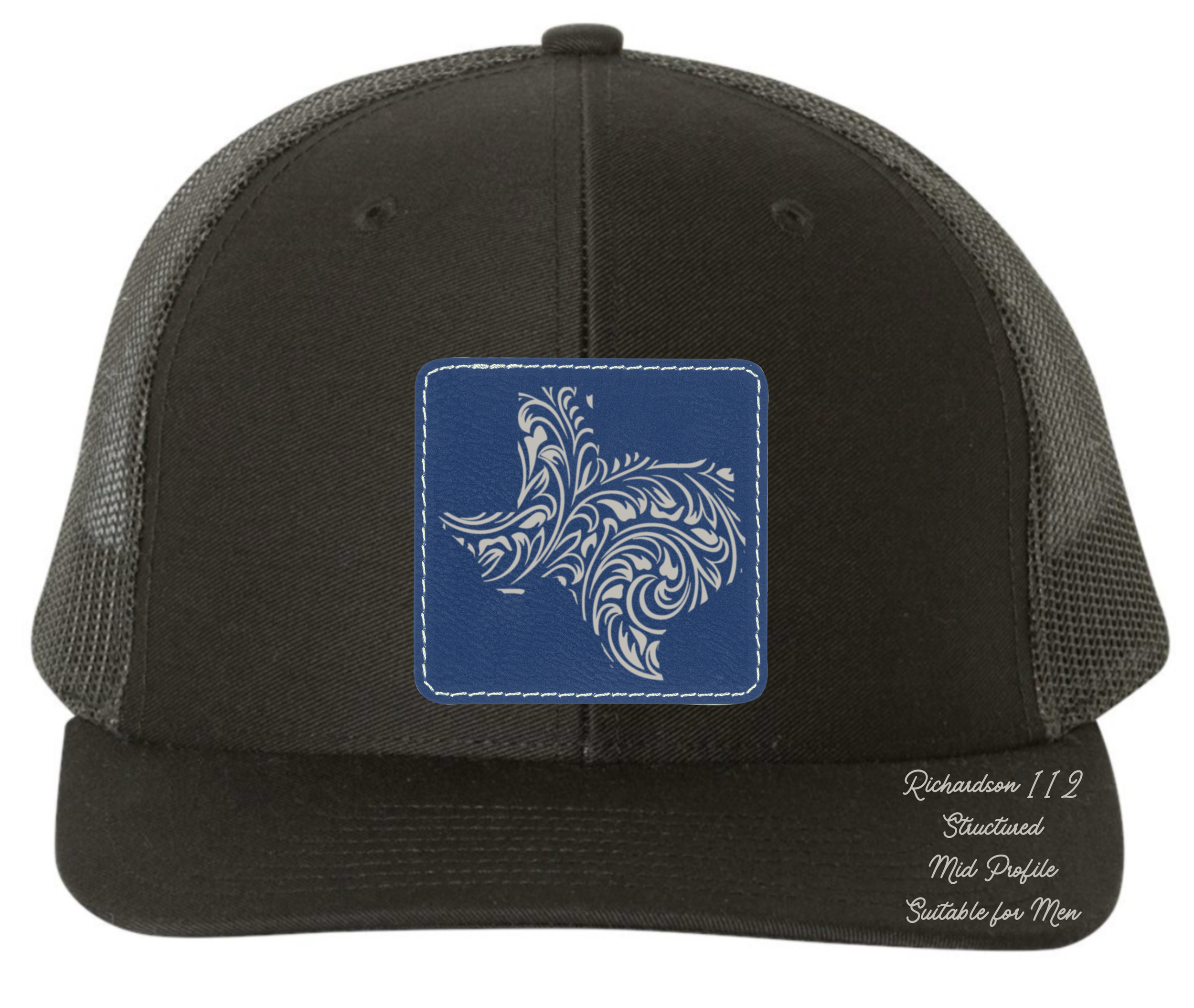 Richardson 112 black hat tooled leather in the shape of Texas