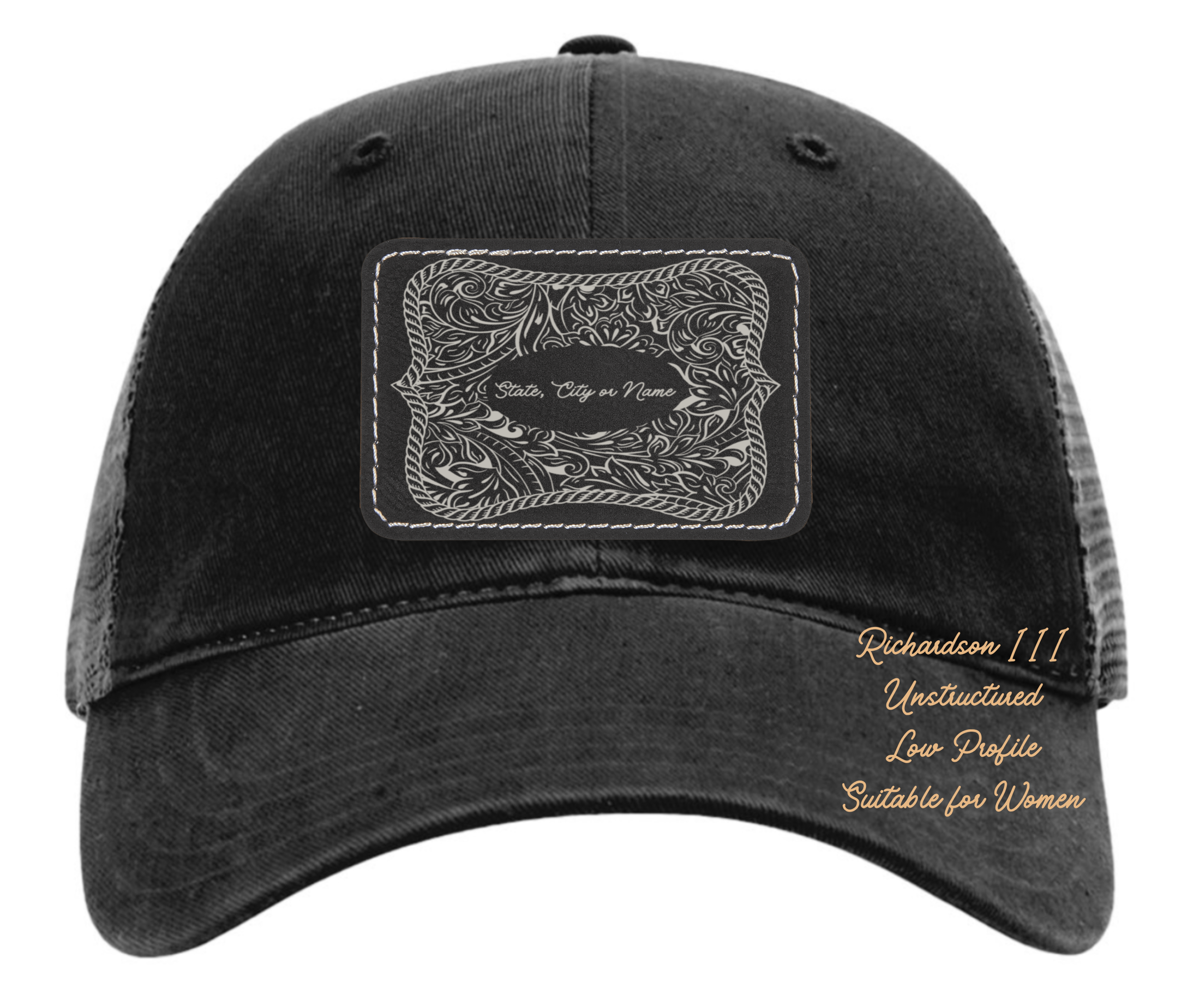 Richardson 111 black hat tooled leather Texas oval rectangle Customizable