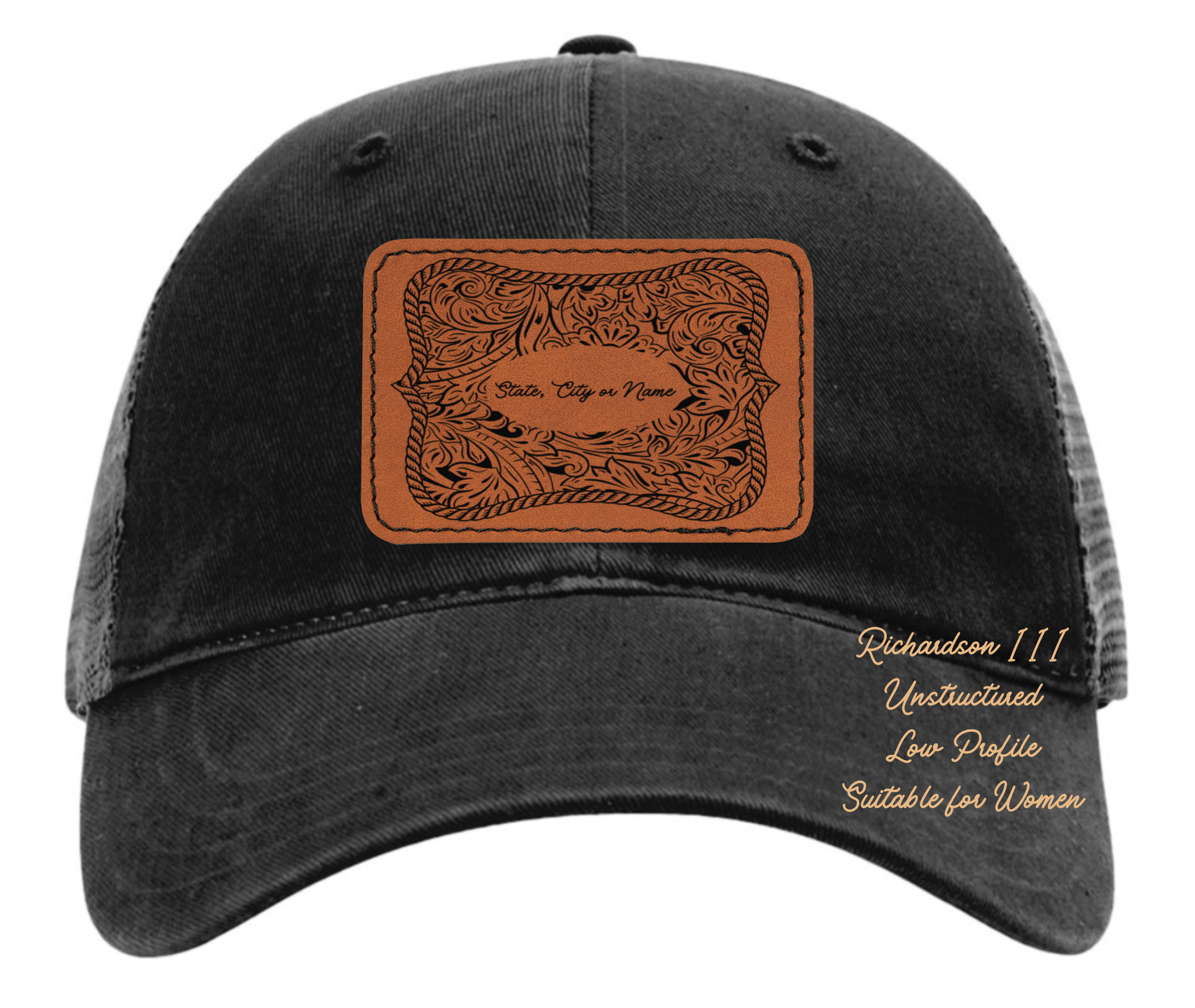 Customizable Tooled Leatherette Black Low Profile Hat (2 Styles, 9 Colors))