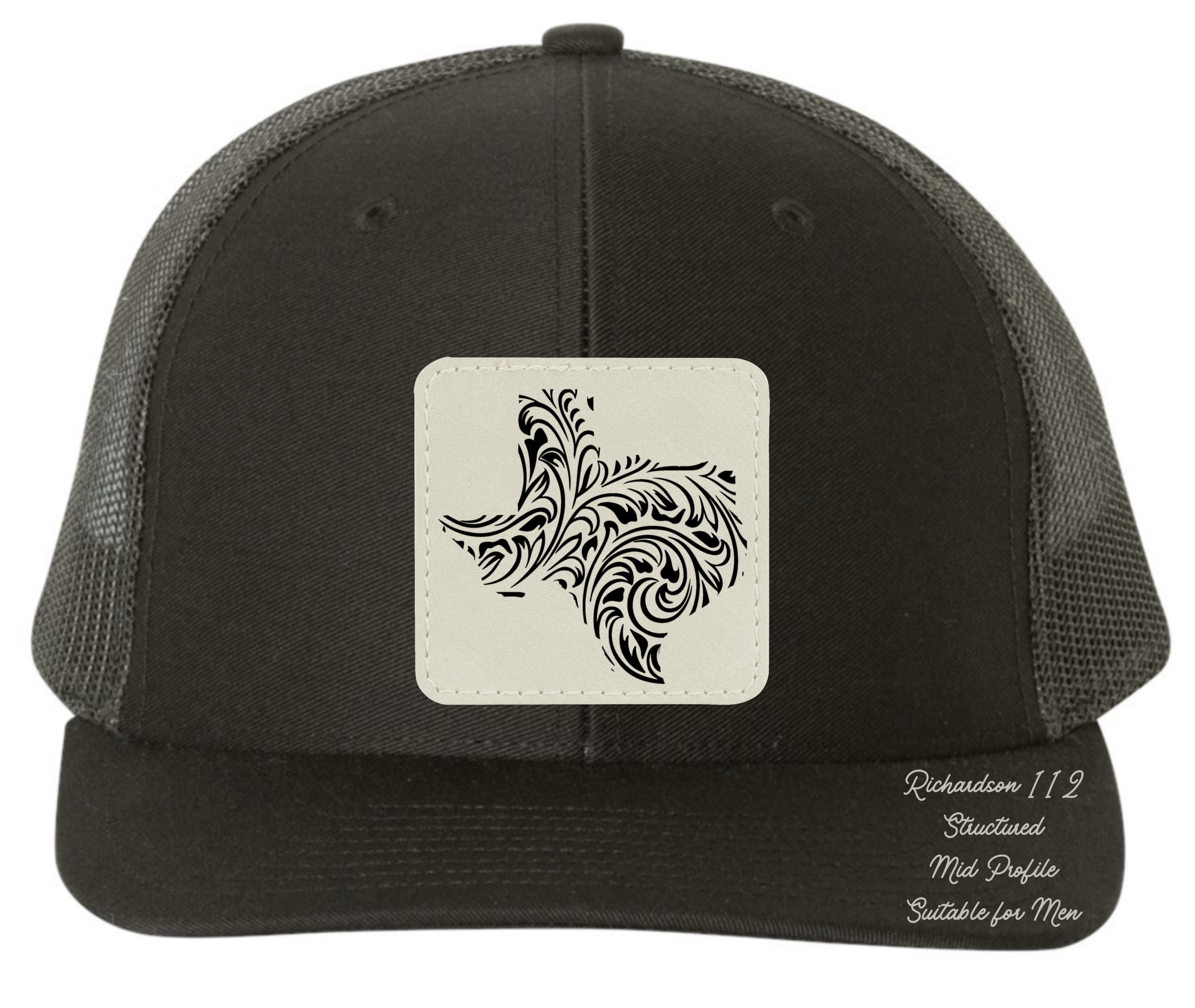 Richardson 112 black hat tooled leather in the shape of Texas