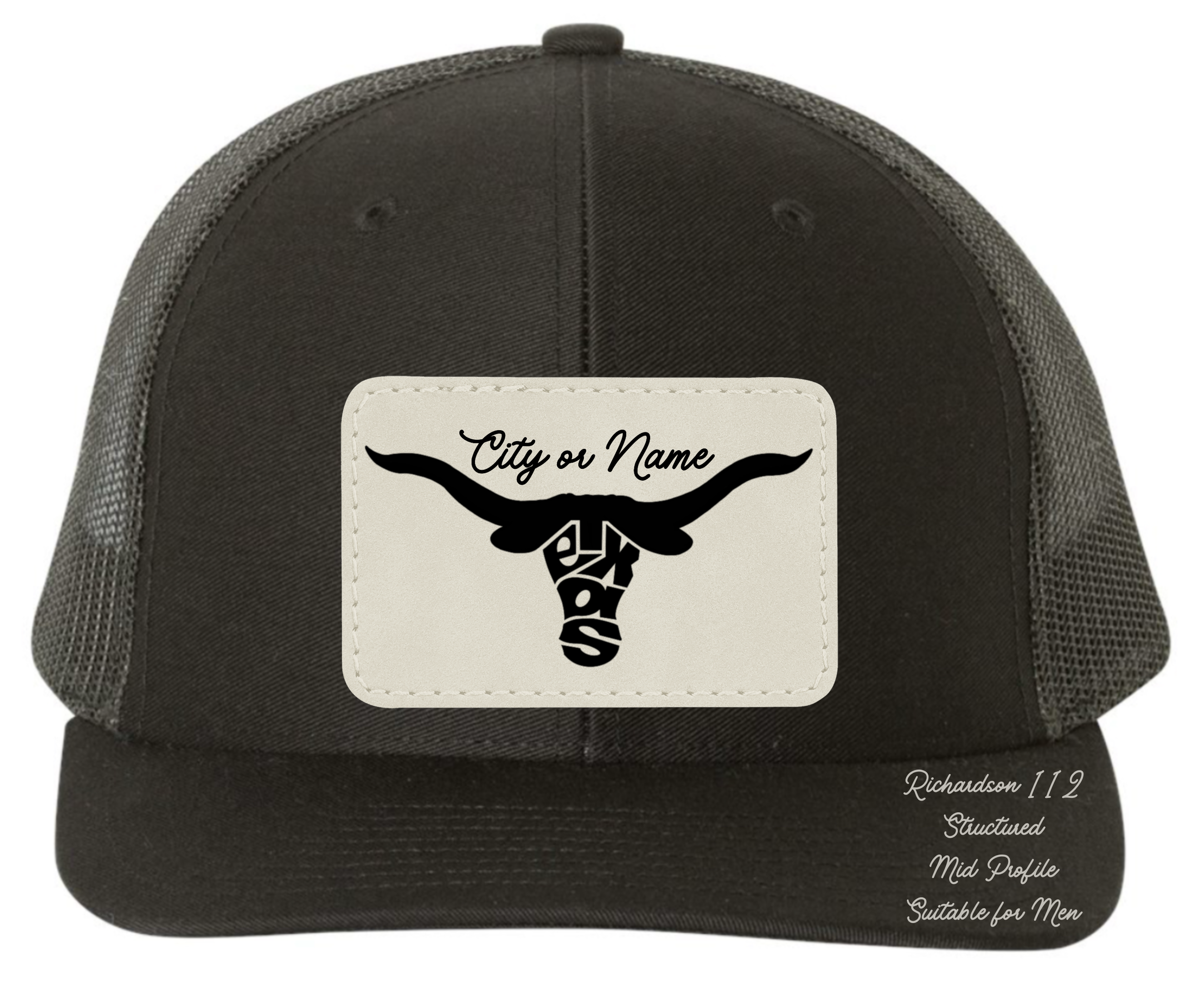 Richardson 112 black hat with original design Longhorn Texas customizable