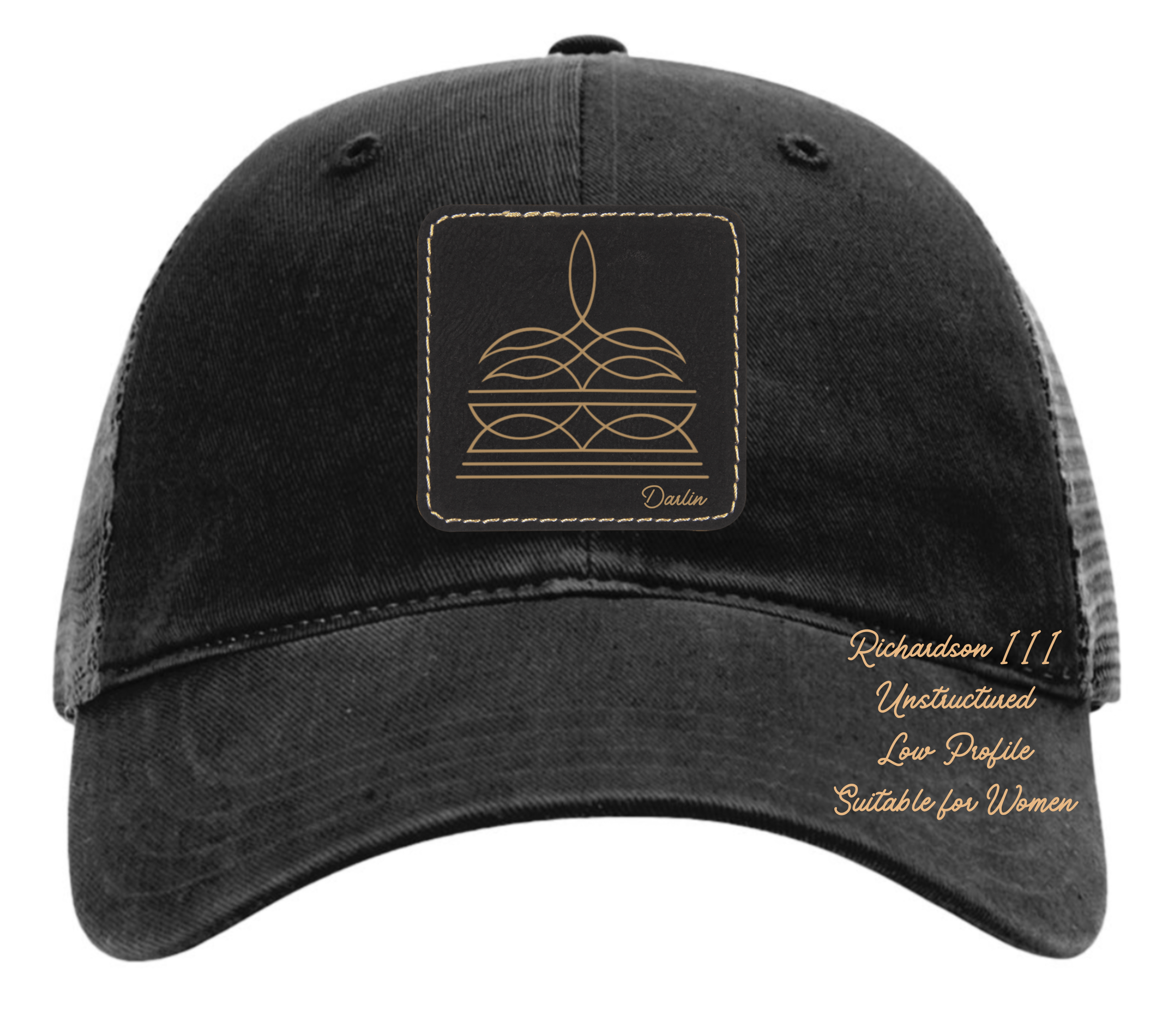 Richardson 111 black hat with boot stitch design customizable