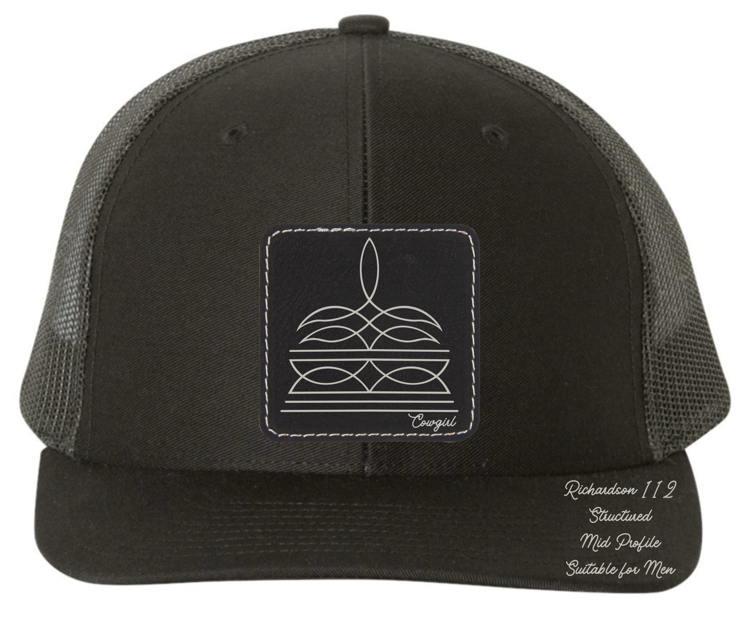 Richardson 112 black hat with boot stitch design customizable