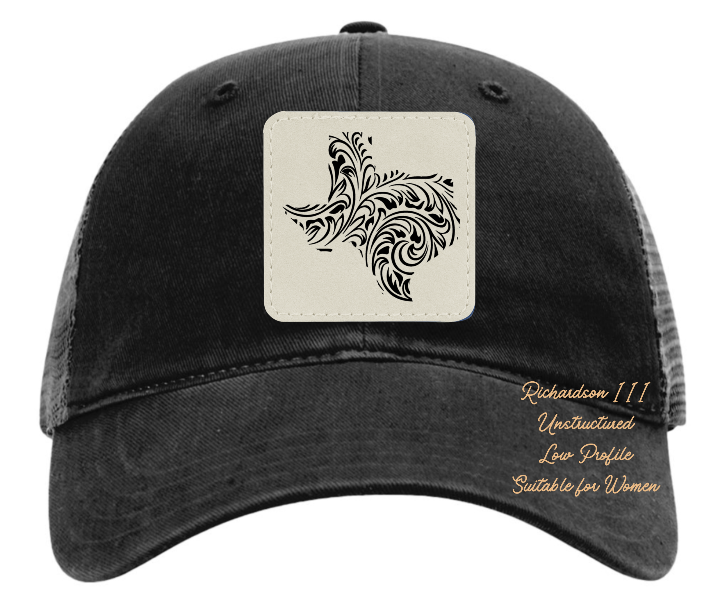 Richardson 111 black hat tooled leather in the shape of Texas