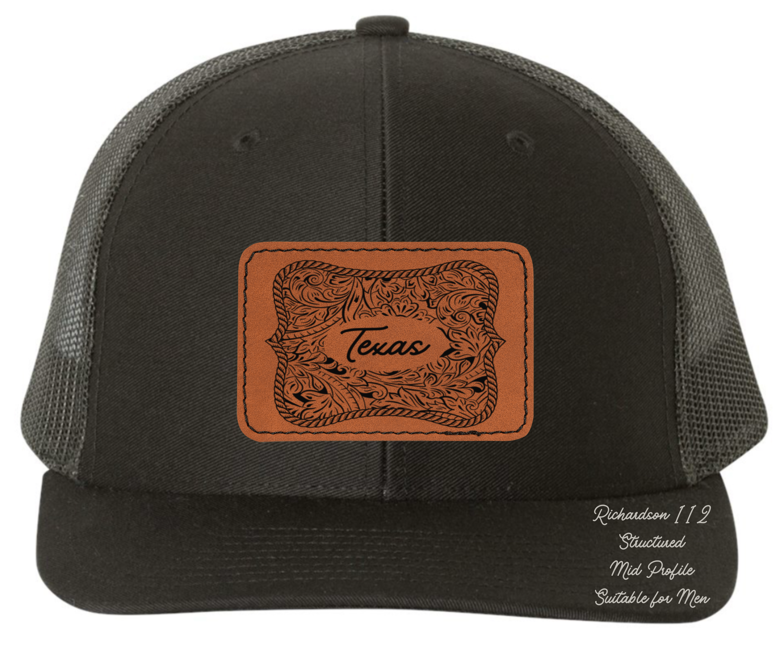 Richardson 112 black hat tooled leather Texas oval rectangle