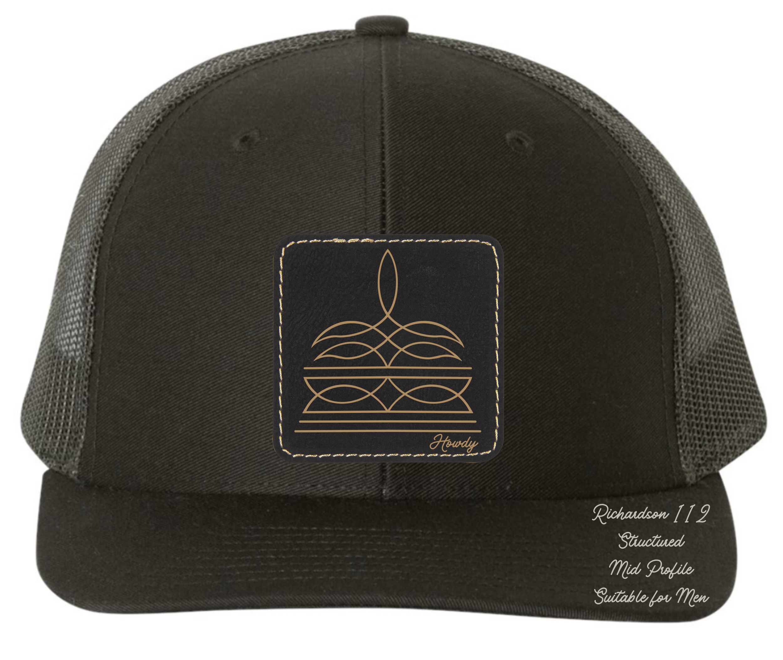 Richardson 112 black hat with boot stitch design customizable