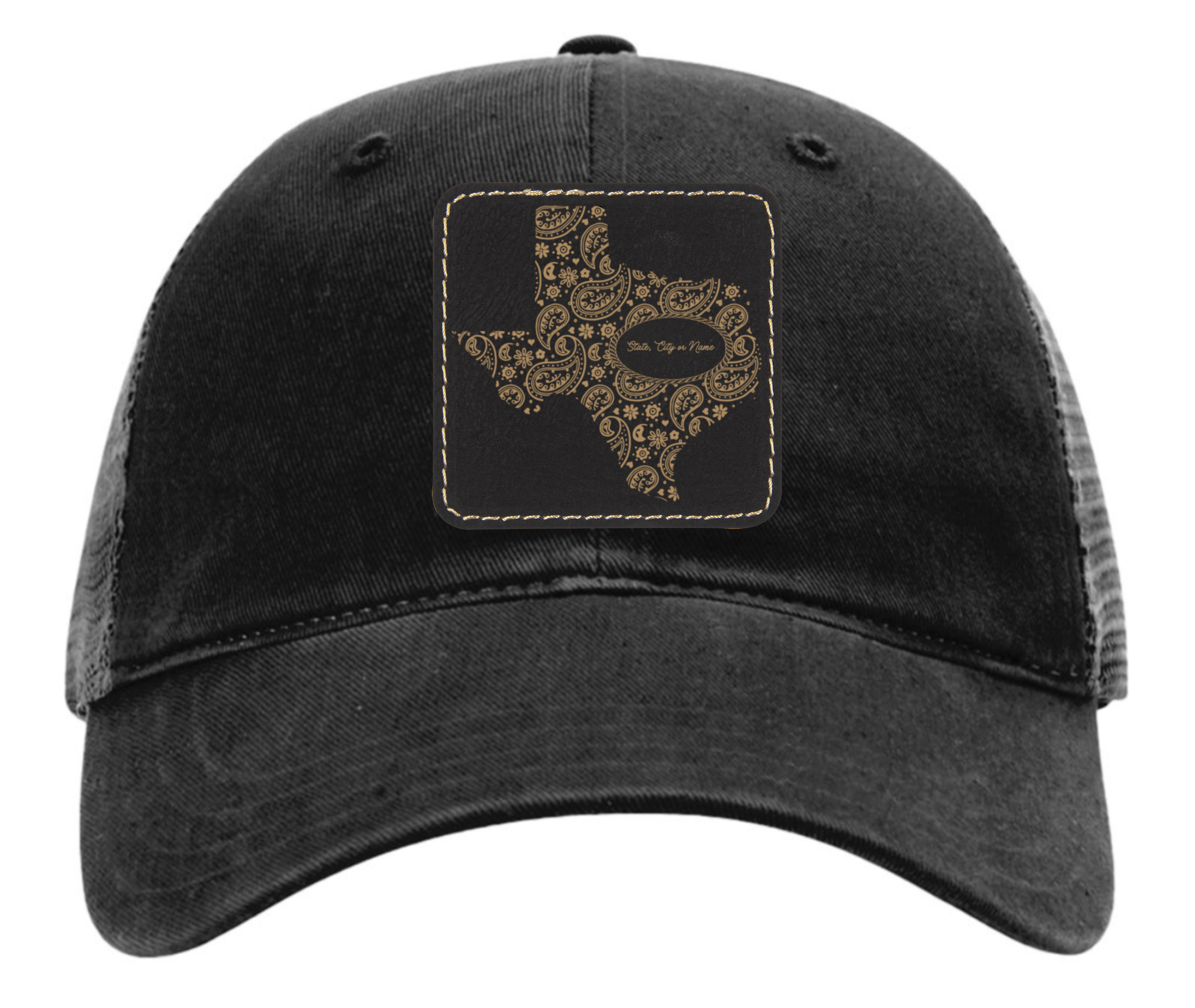 Richardson 111 black hat with original Texas tooled leather design customizable