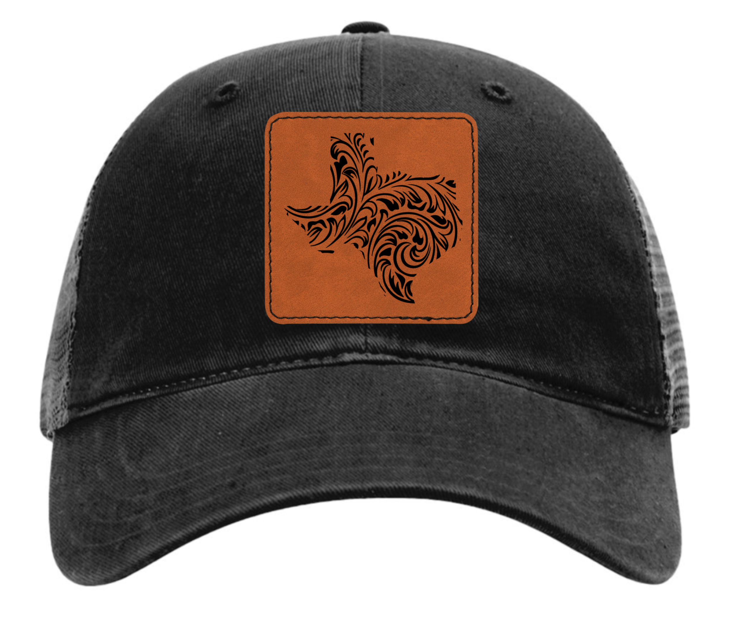 Richardson 111 black hat tooled leather in the shape of Texas