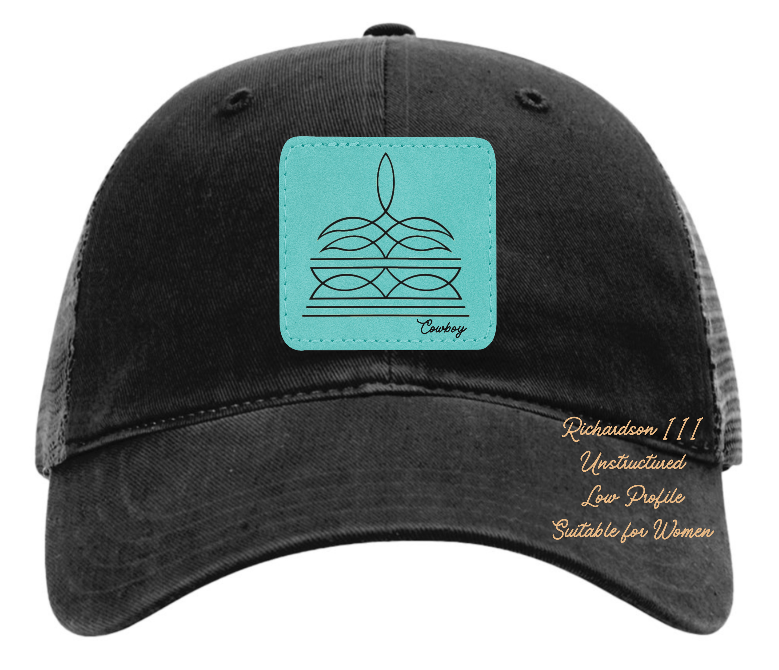 Richardson 111 black hat with boot stitch design customizable