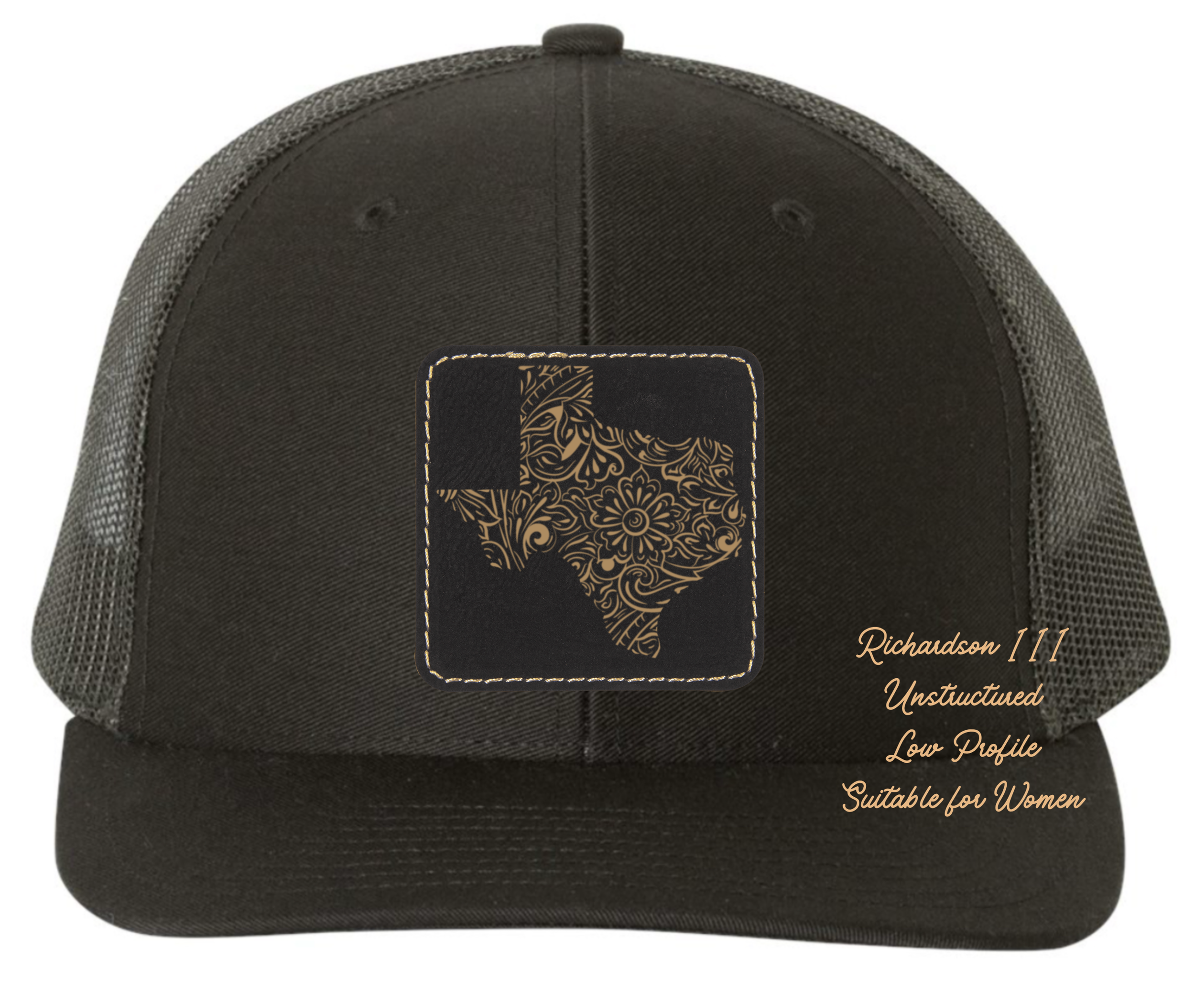 Richardson 111 black hat tooled leather in the shape of Texas