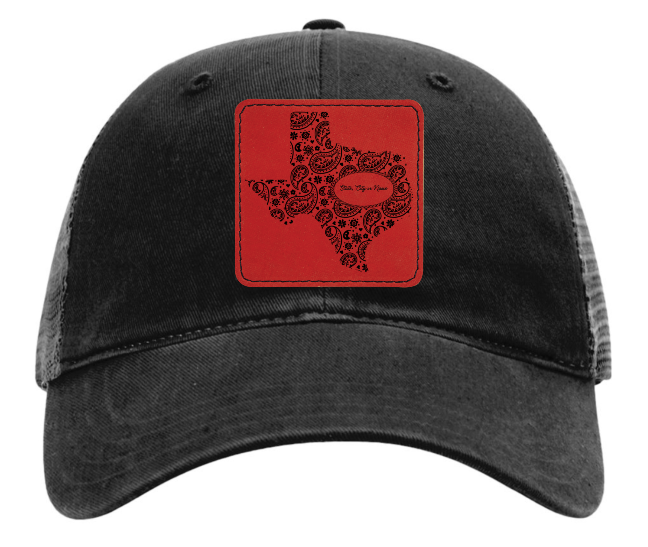 Richardson 111 black hat with original Texas tooled leather design customizable