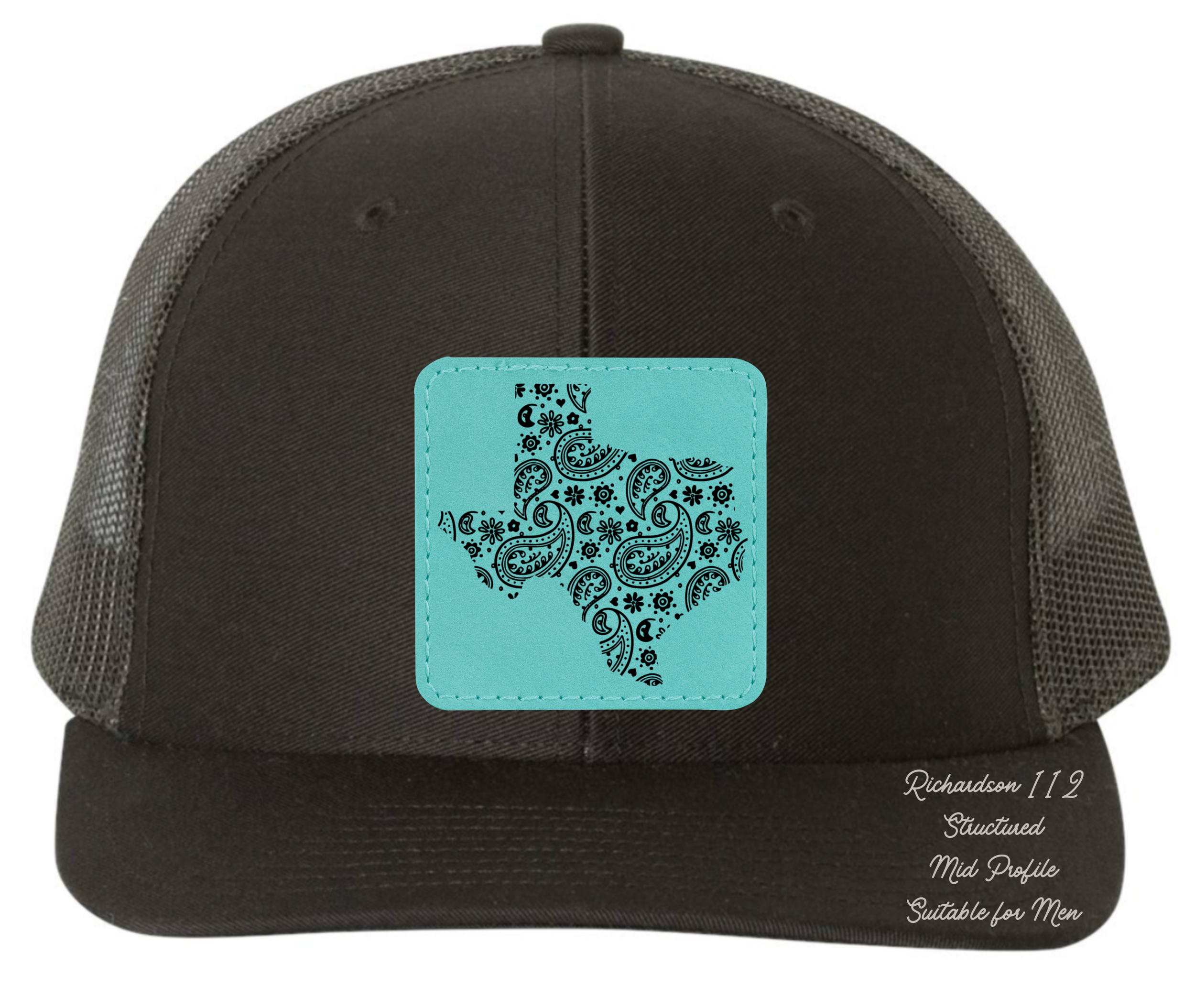 Richardson 112 black hat tooled leather in the shape of Texas