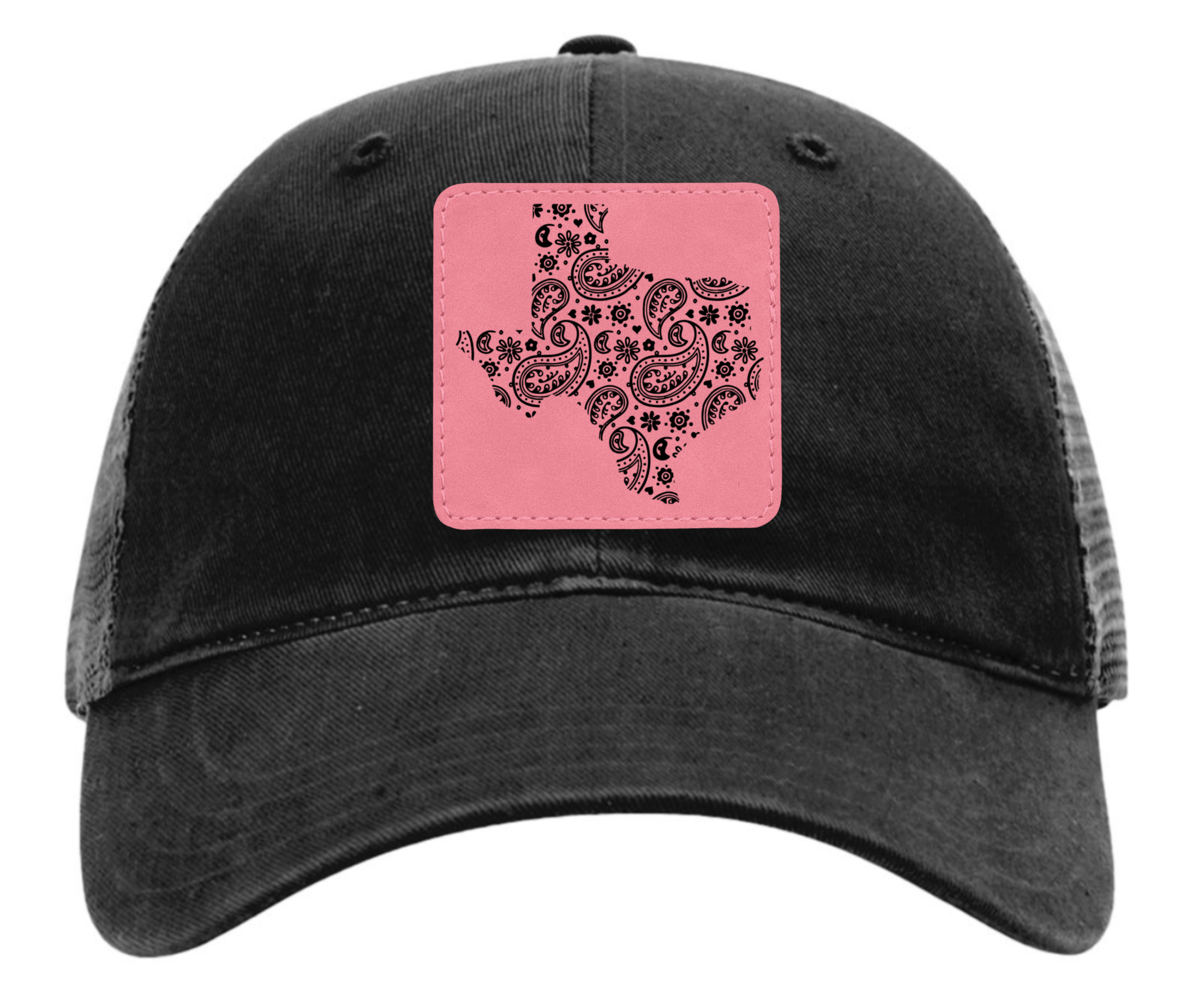 Richardson 111 black hat tooled leather in the shape of Texas