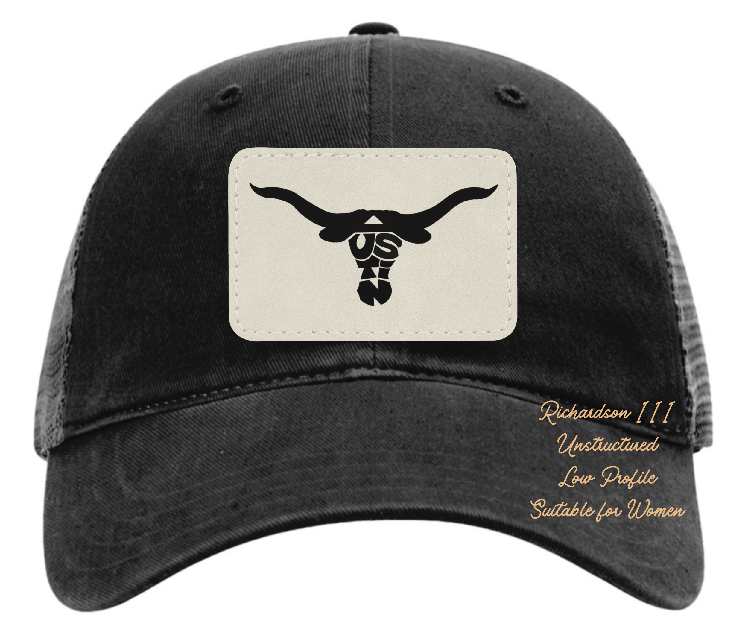 Richardson 111 black hat with original design Austin Longhorn customizable