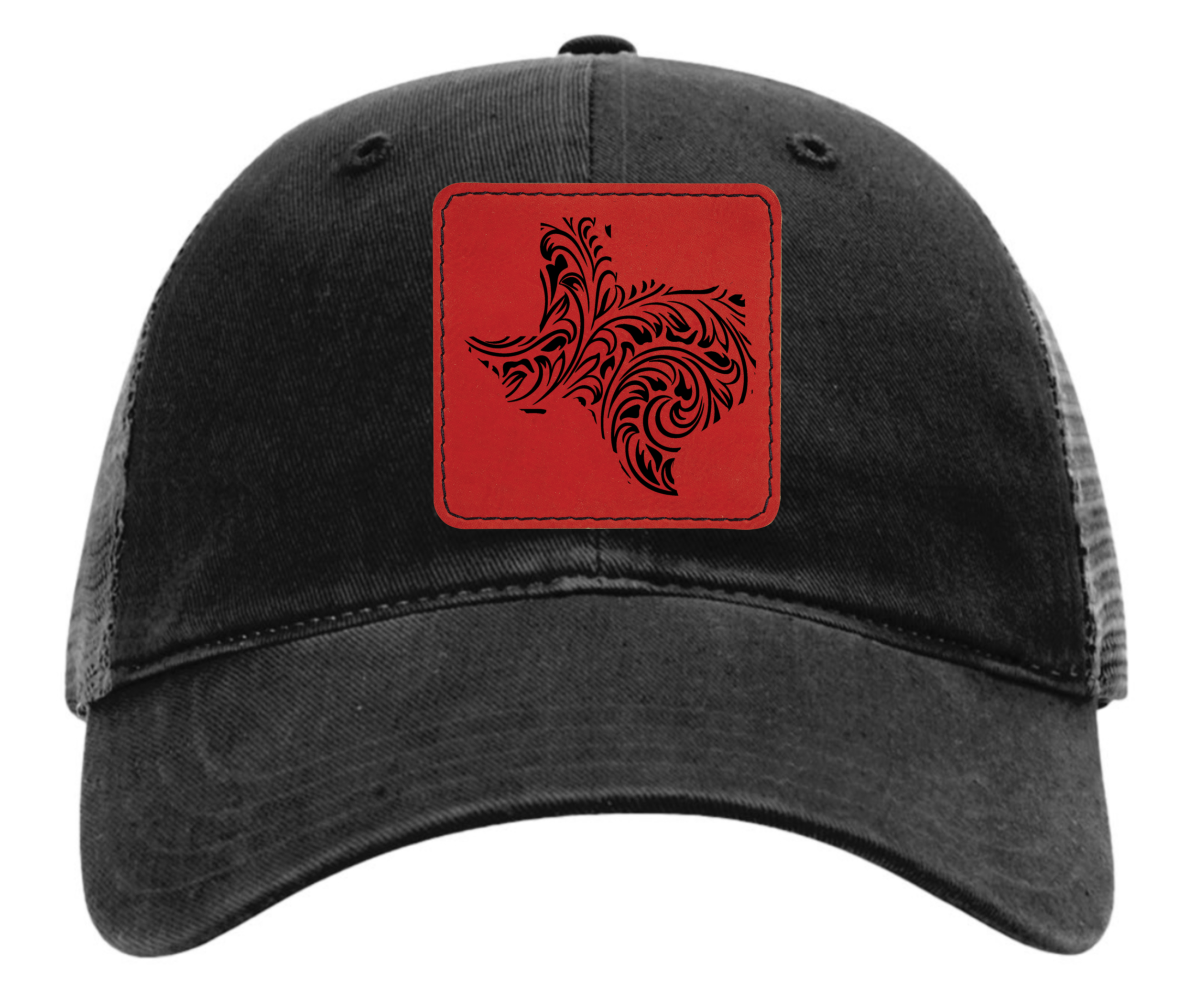 Richardson 111 black hat tooled leather in the shape of Texas