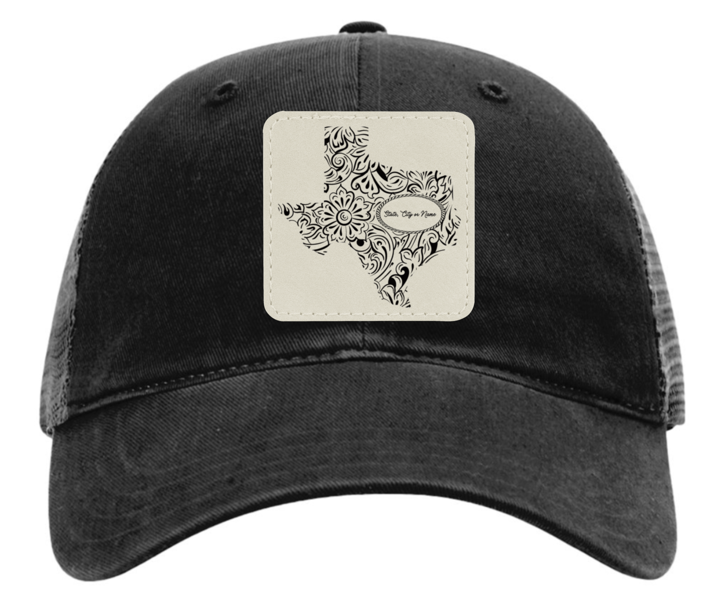 Richardson 111 black hat with original Texas tooled leather design customizable