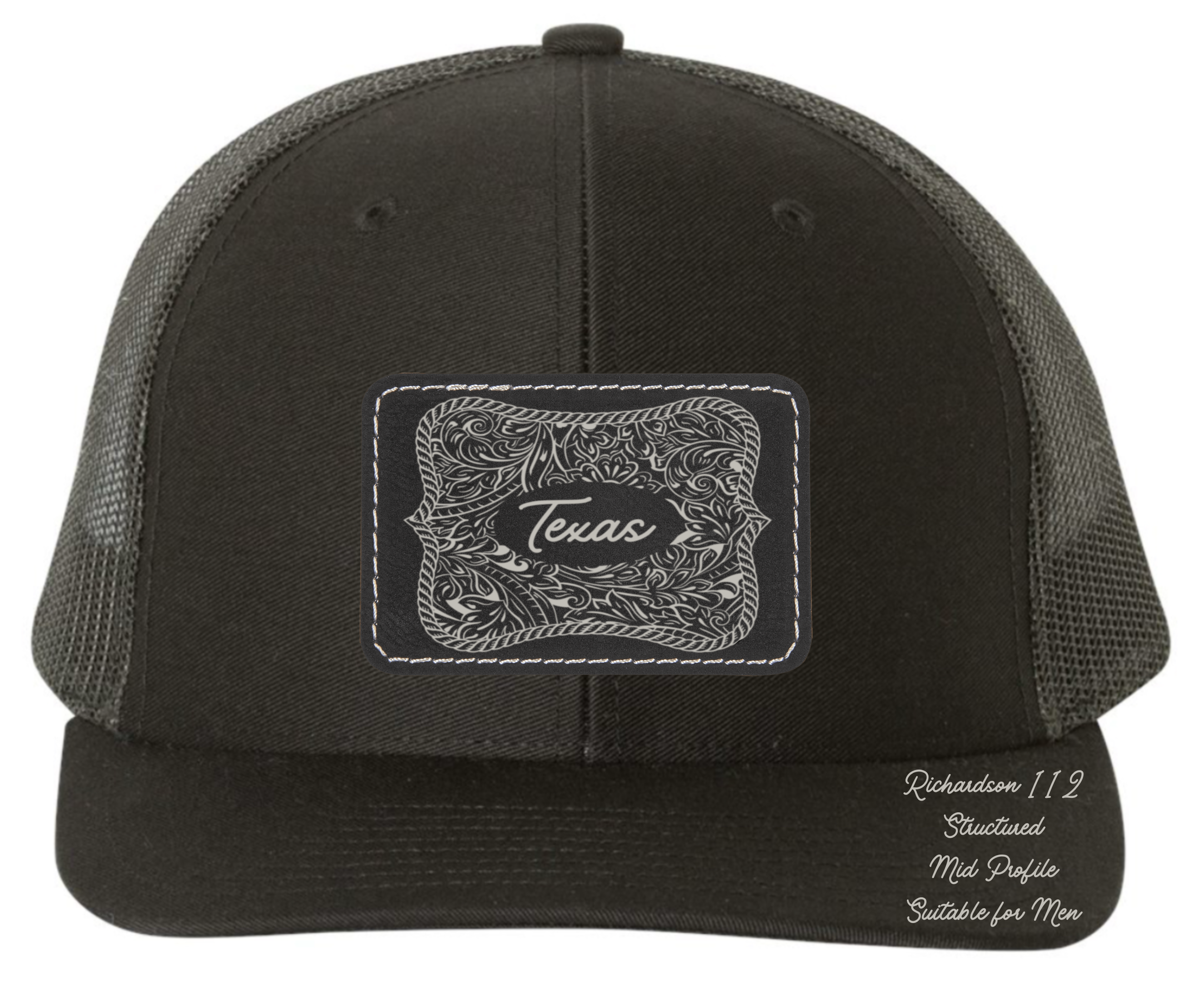 Richardson 112 black hat tooled leather Texas oval rectangle