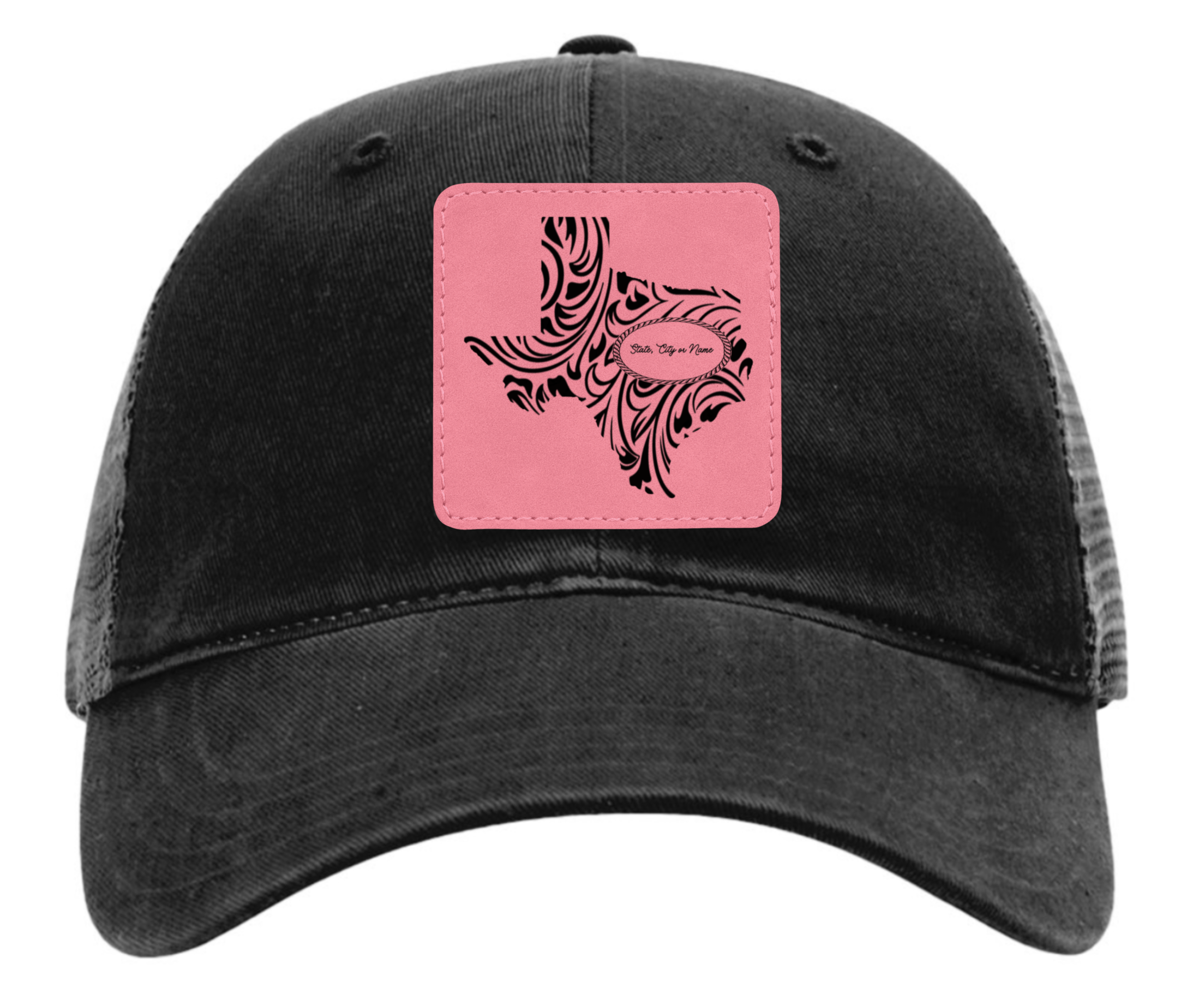 Richardson 111 black hat with original Texas tooled leather design customizable