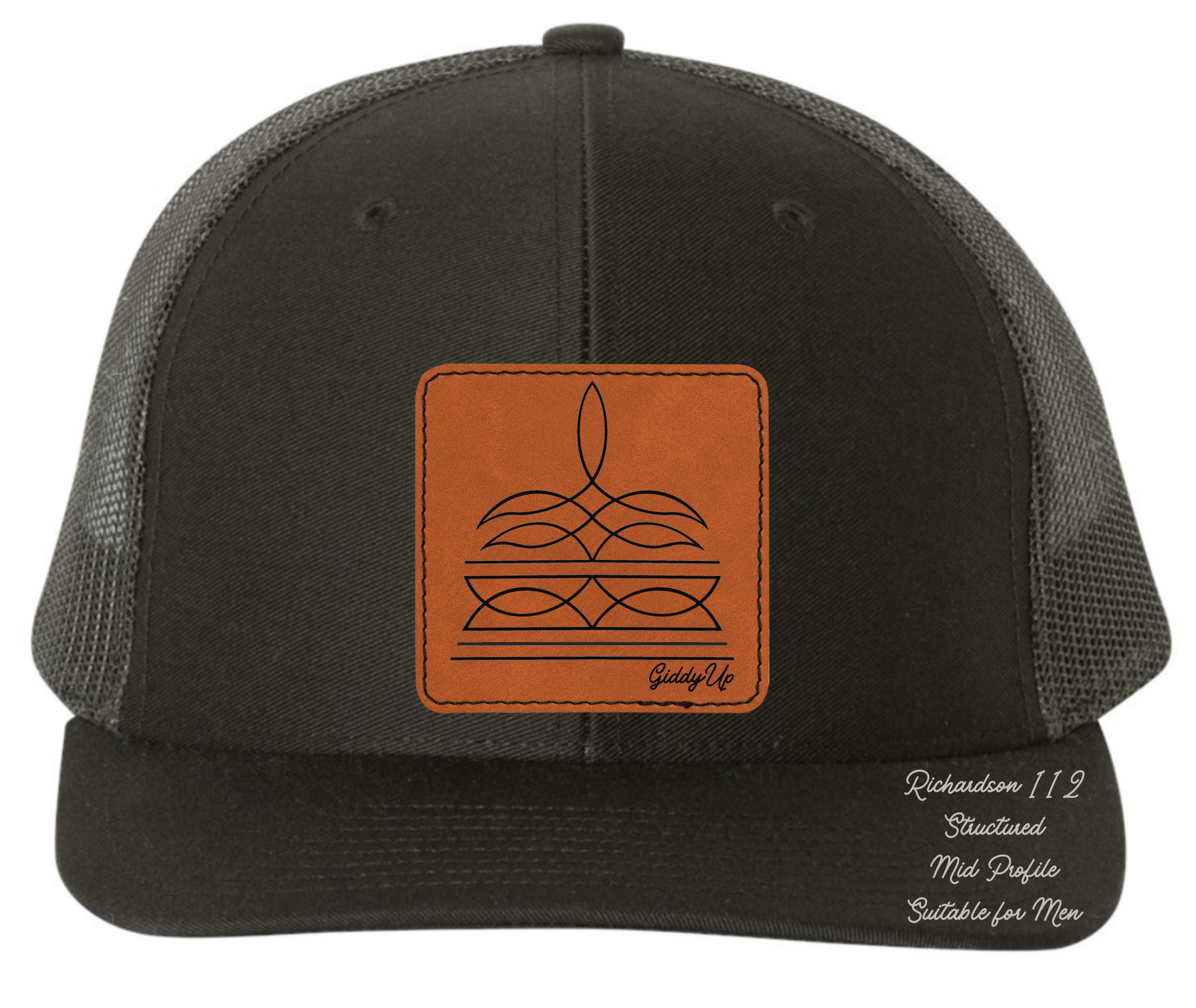 Richardson 112 black hat with boot stitch design customizable