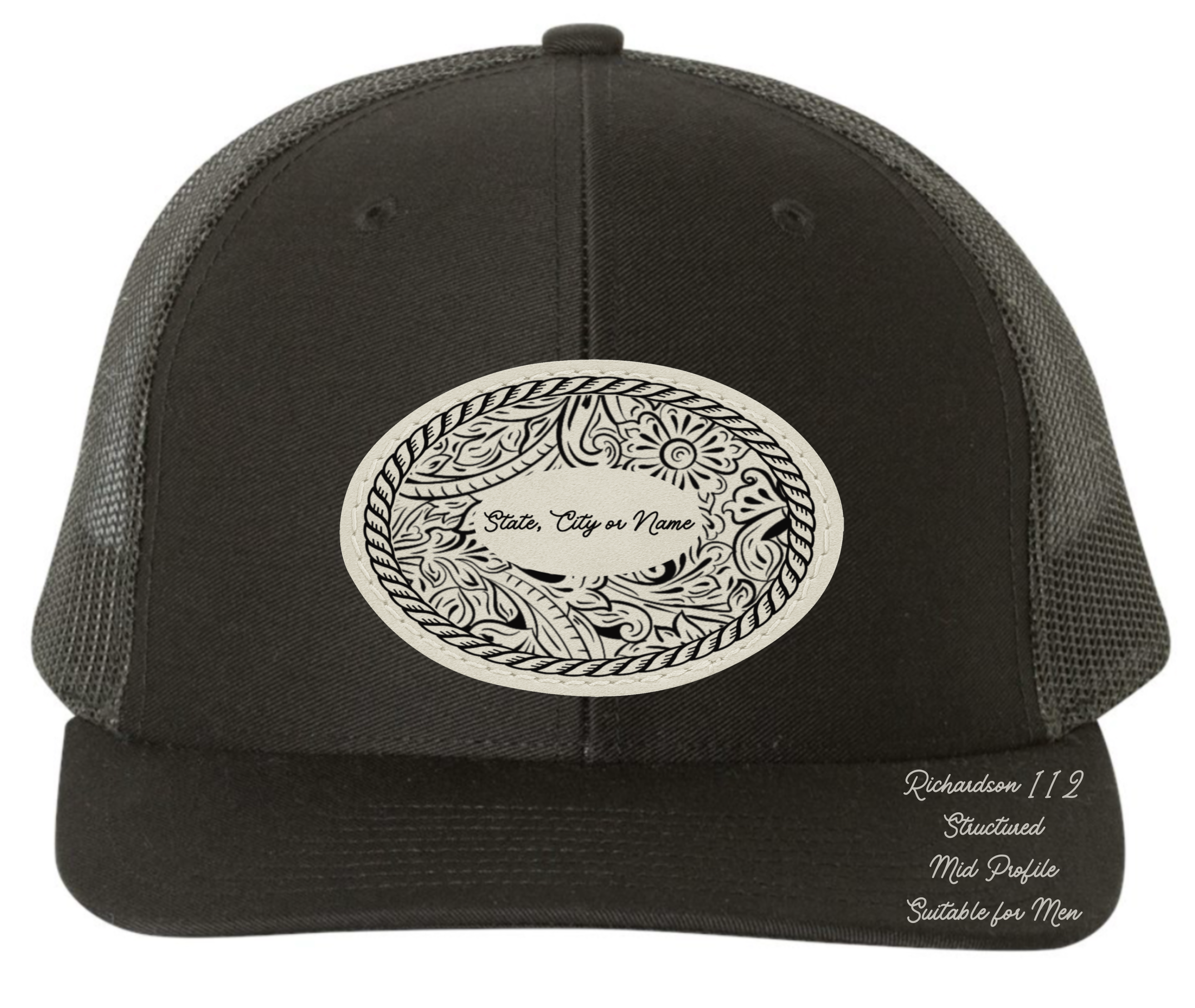 Richardson 112 black hat tooled leather Texas oval rectangle Customizable