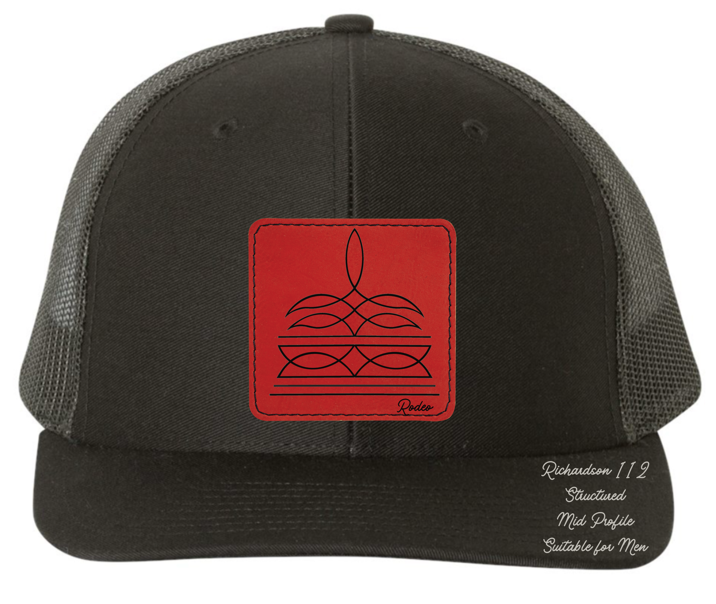 Richardson 112 black hat with boot stitch design customizable