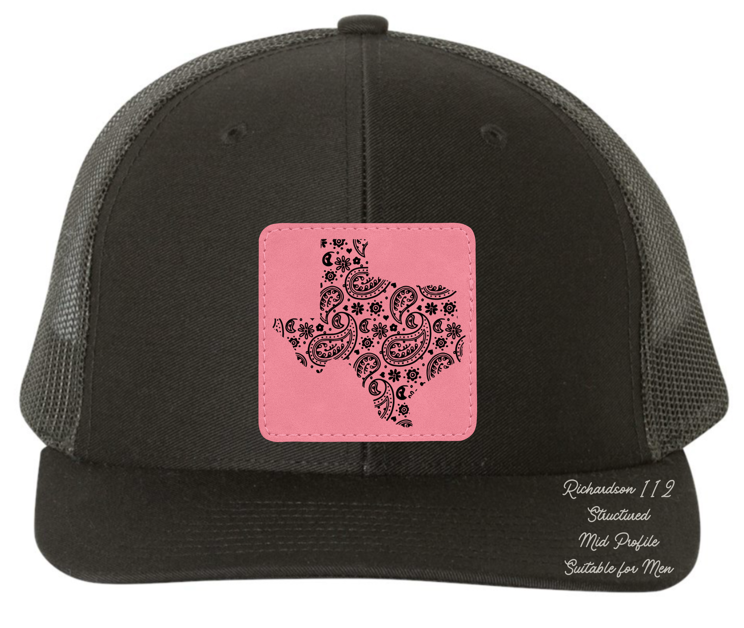 Richardson 112 black hat tooled leather in the shape of Texas