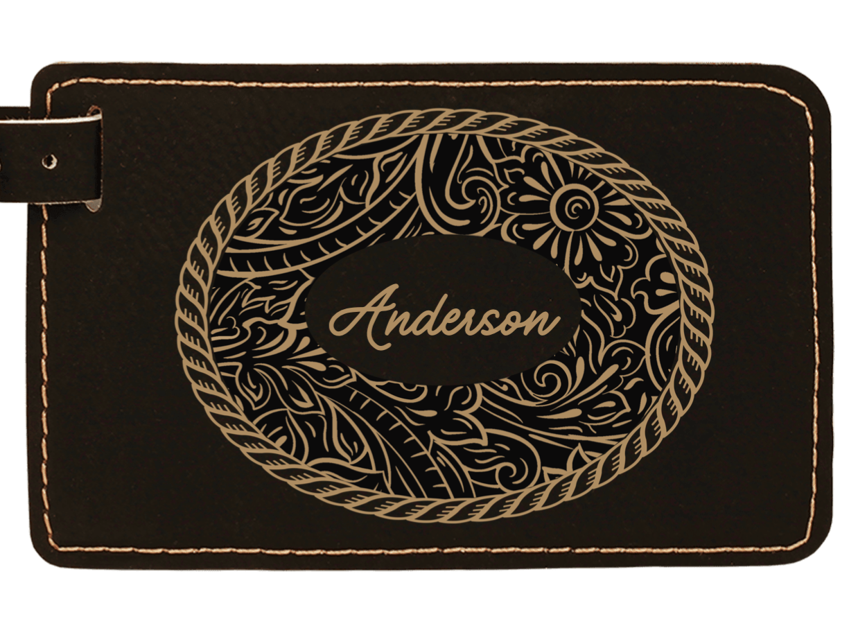 Oval tooled leatherette customizable luggage tag