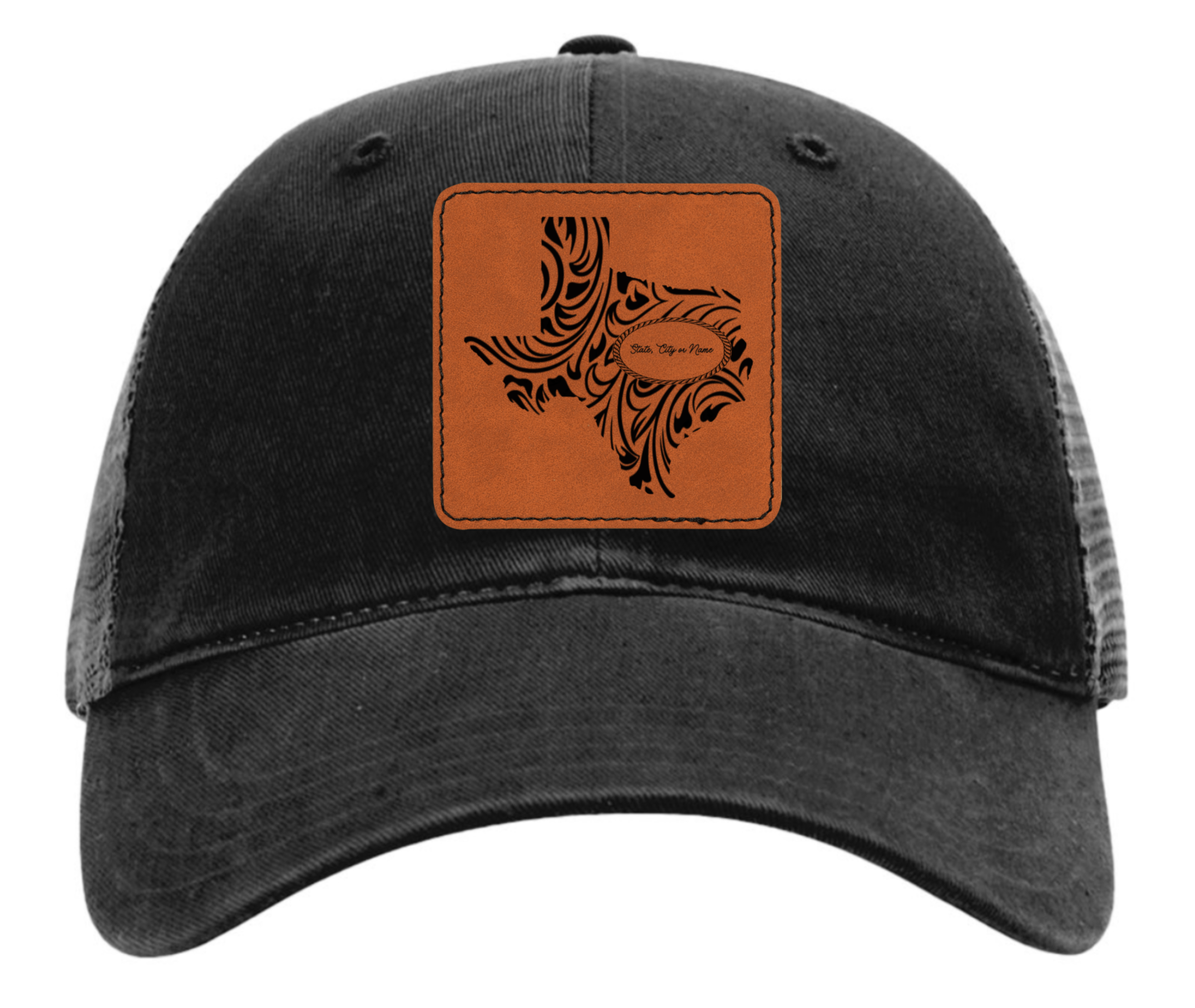 Richardson 111 black hat with original Texas tooled leather design customizable