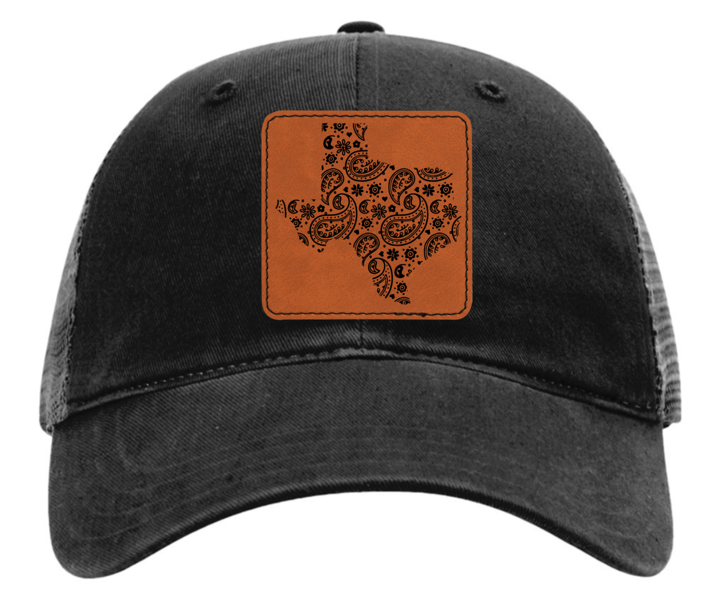Richardson 111 black hat tooled leather in the shape of Texas
