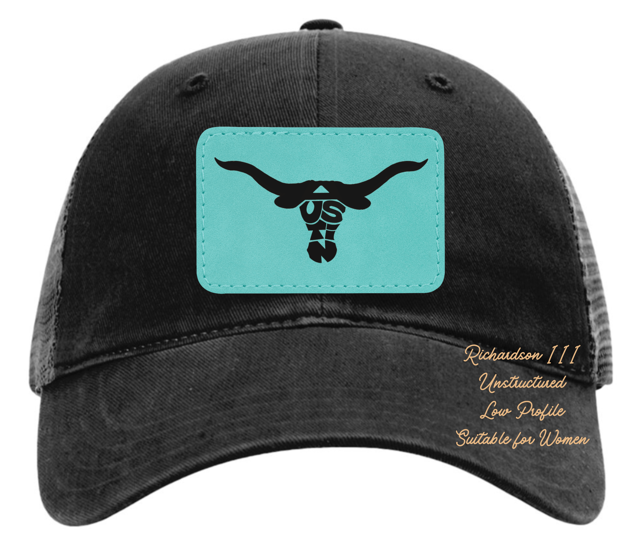 Richardson 111 black hat with original design Austin Longhorn customizable