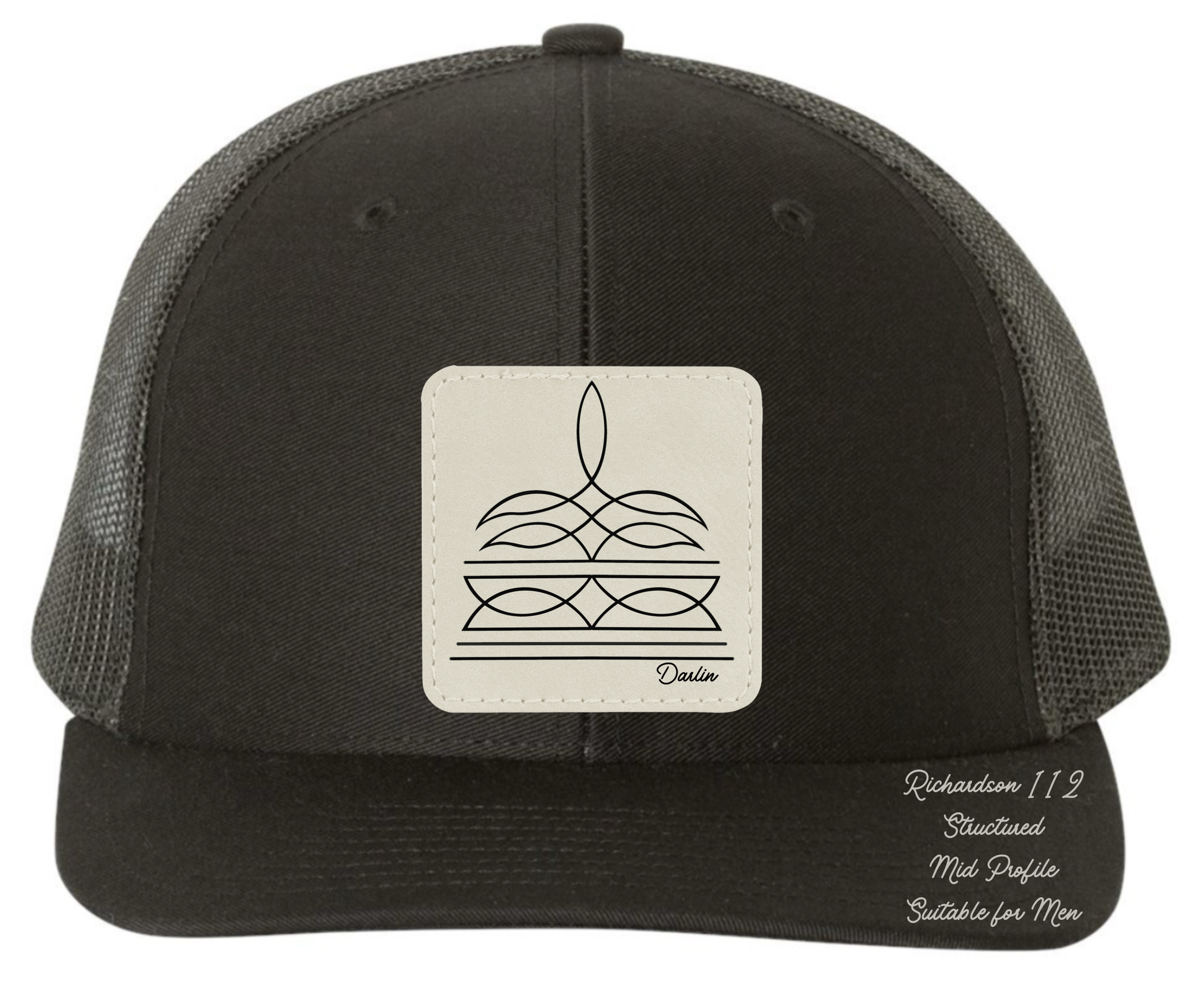 Richardson 112 black hat with boot stitch design customizable