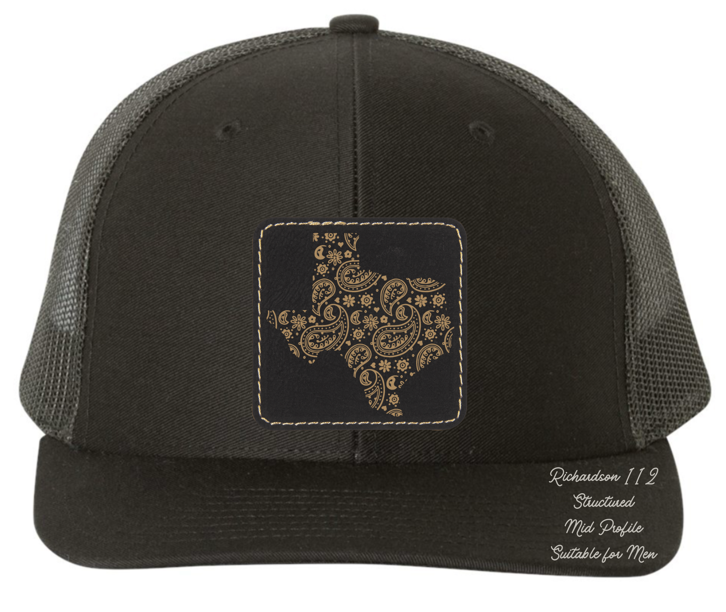Richardson 112 black hat tooled leather in the shape of Texas