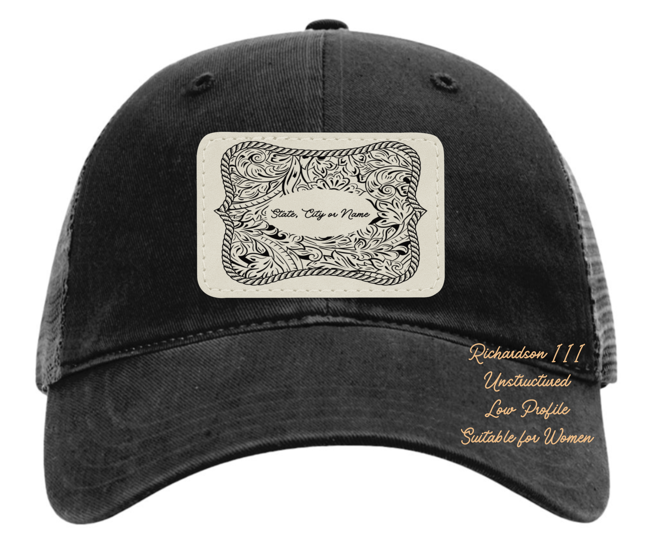 Richardson 111 black hat tooled leather Texas oval rectangle Customizable