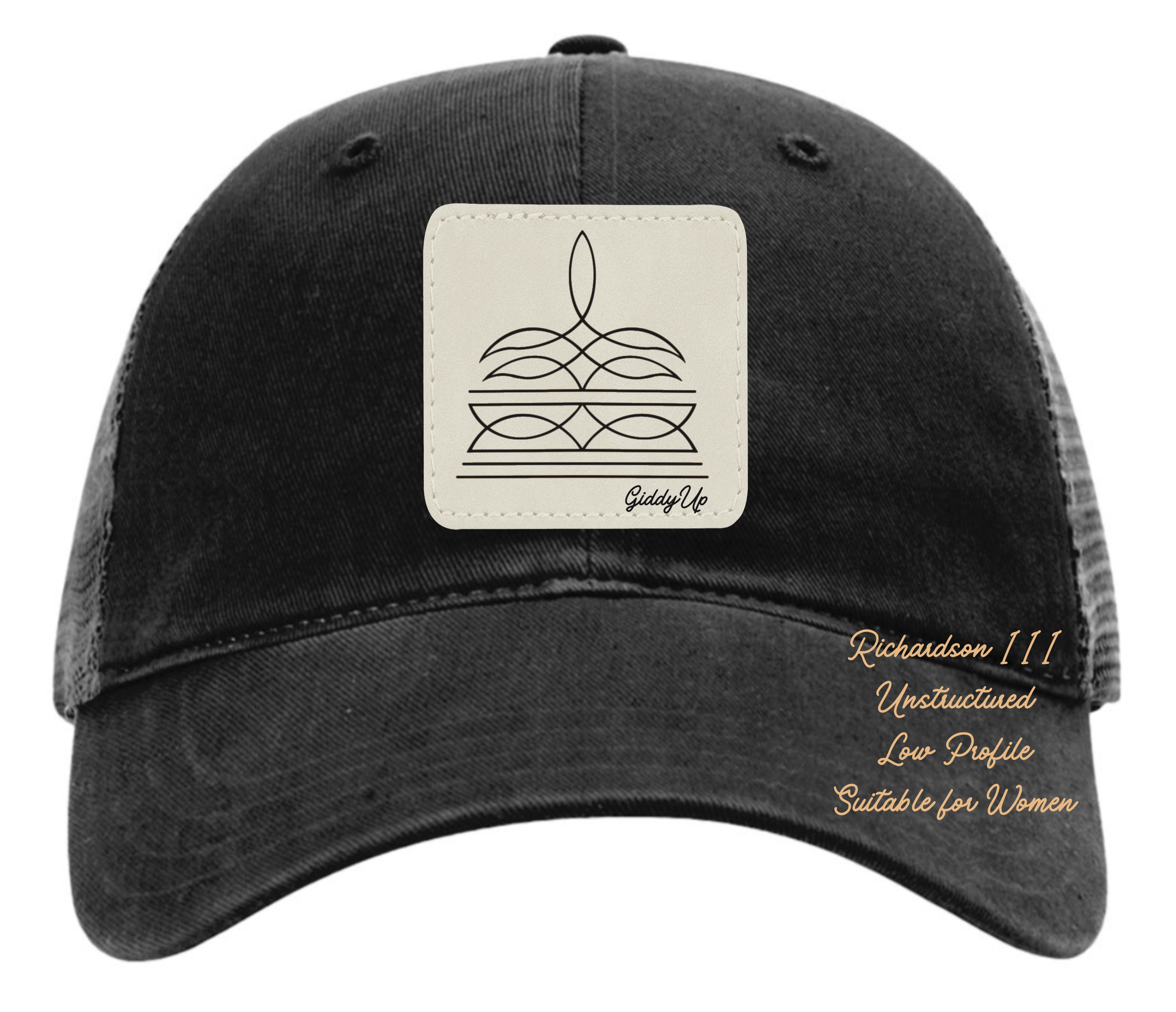 Richardson 111 black hat with boot stitch design customizable