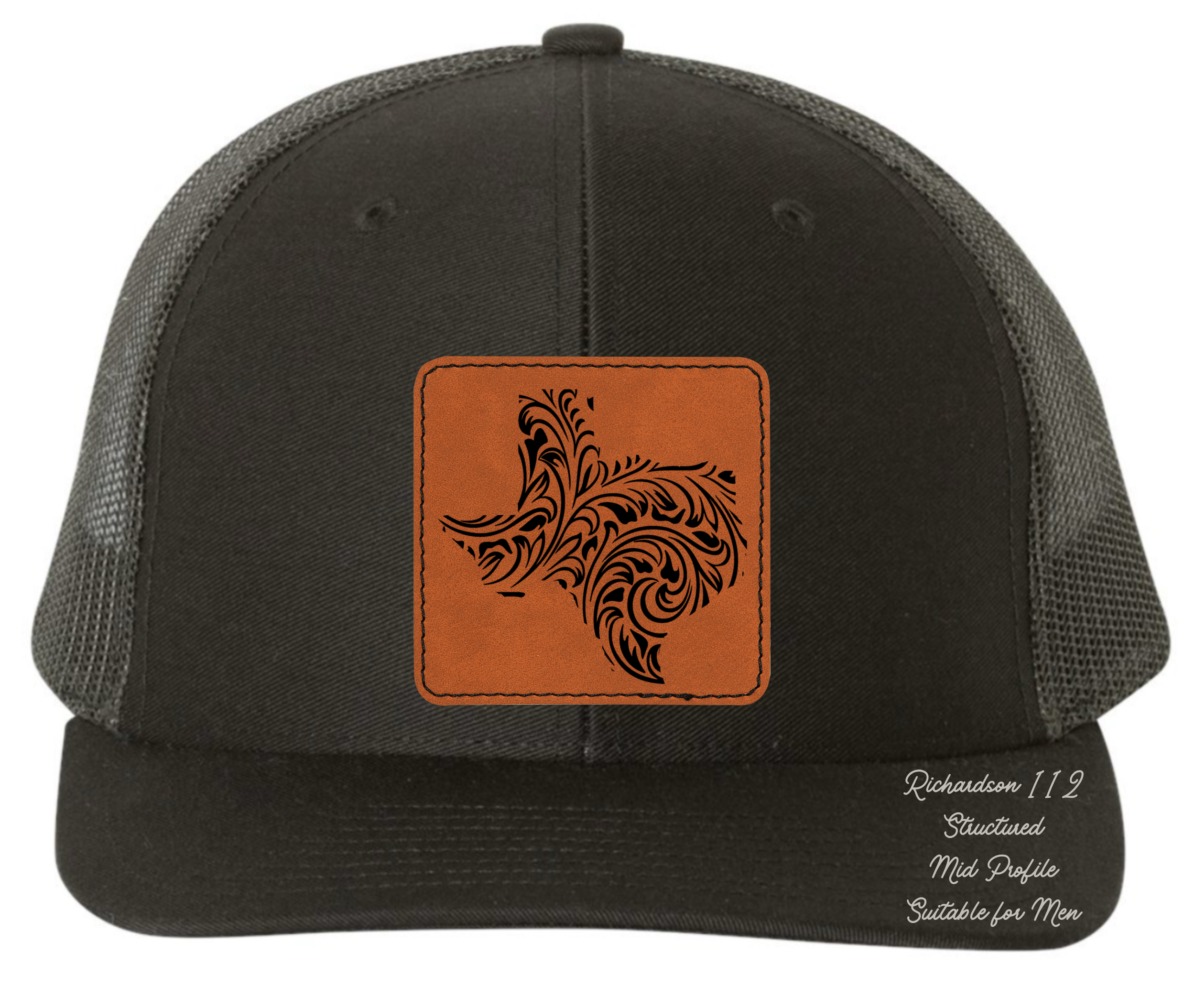 Richardson 112 black hat tooled leather in the shape of Texas
