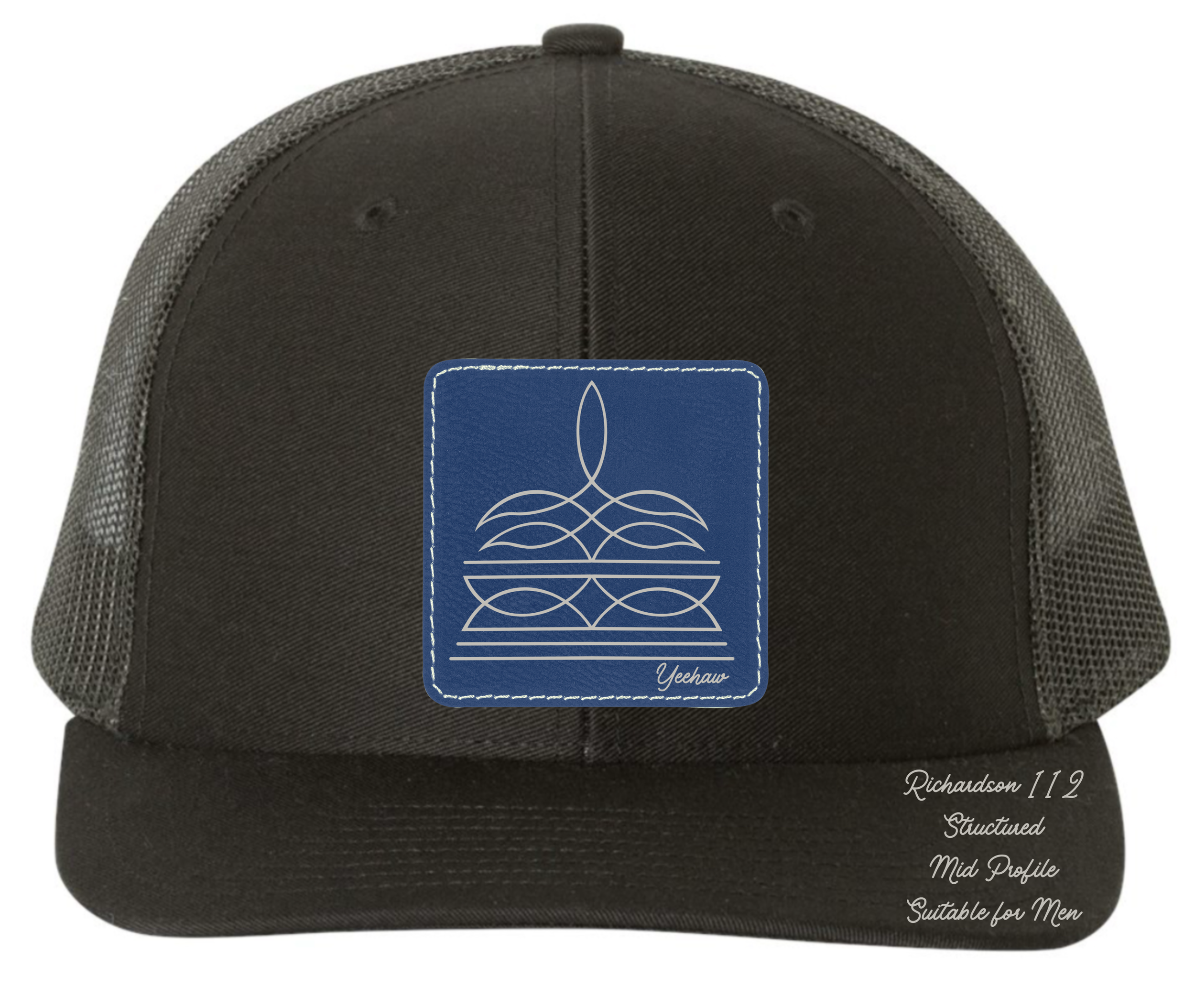 Richardson 112 black hat with boot stitch design customizable