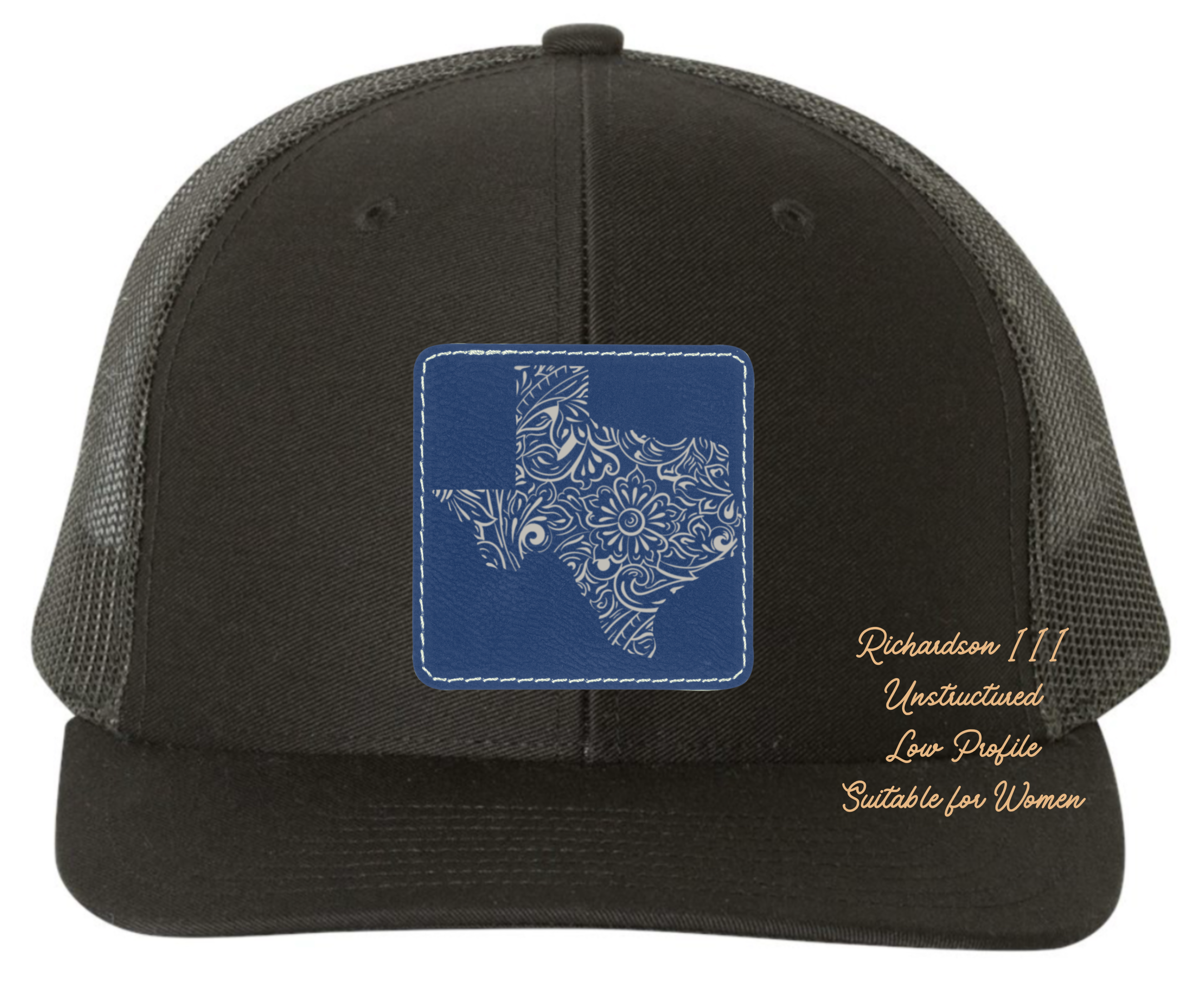 Richardson 111 black hat tooled leather in the shape of Texas