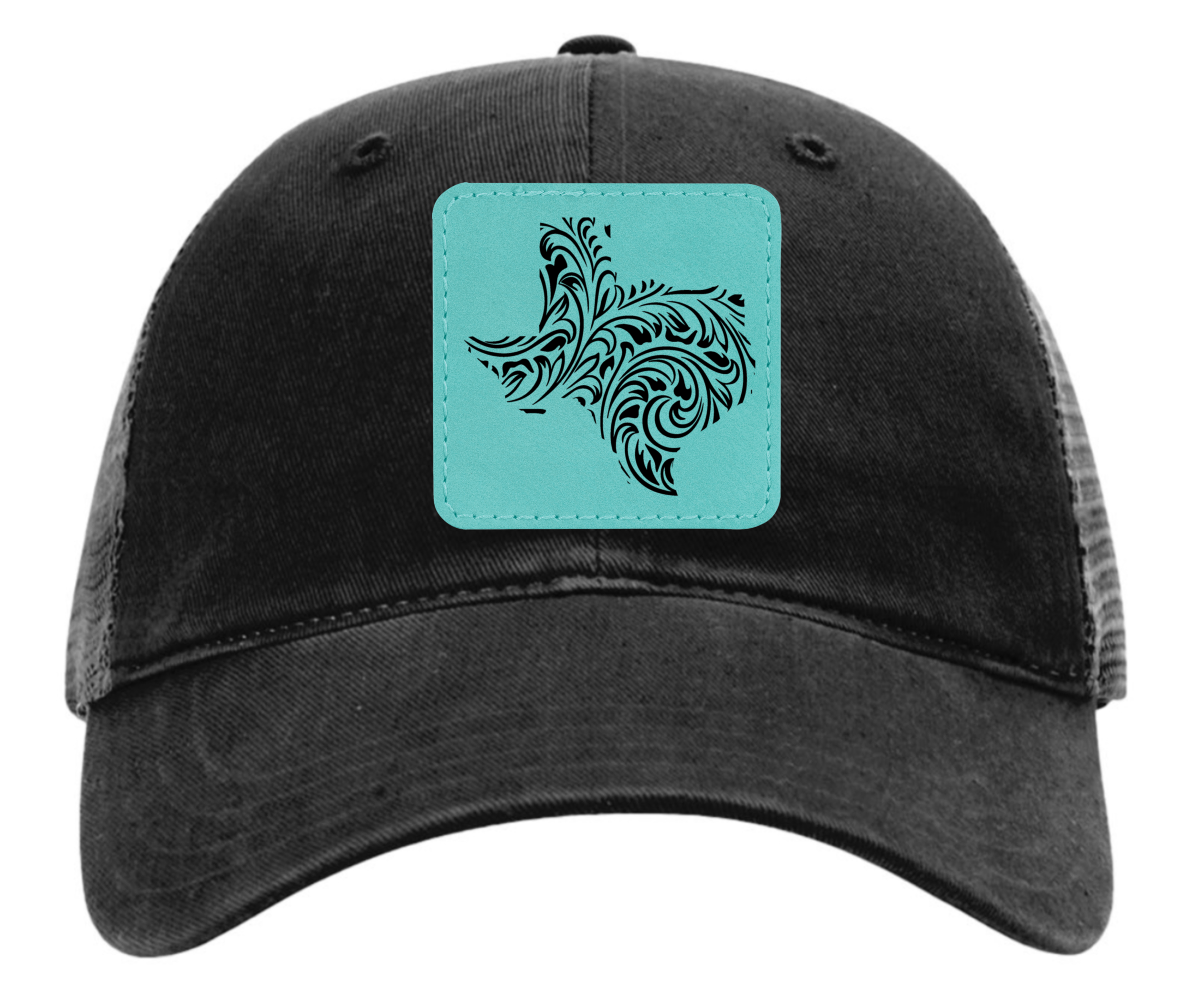 Richardson 111 black hat tooled leather in the shape of Texas