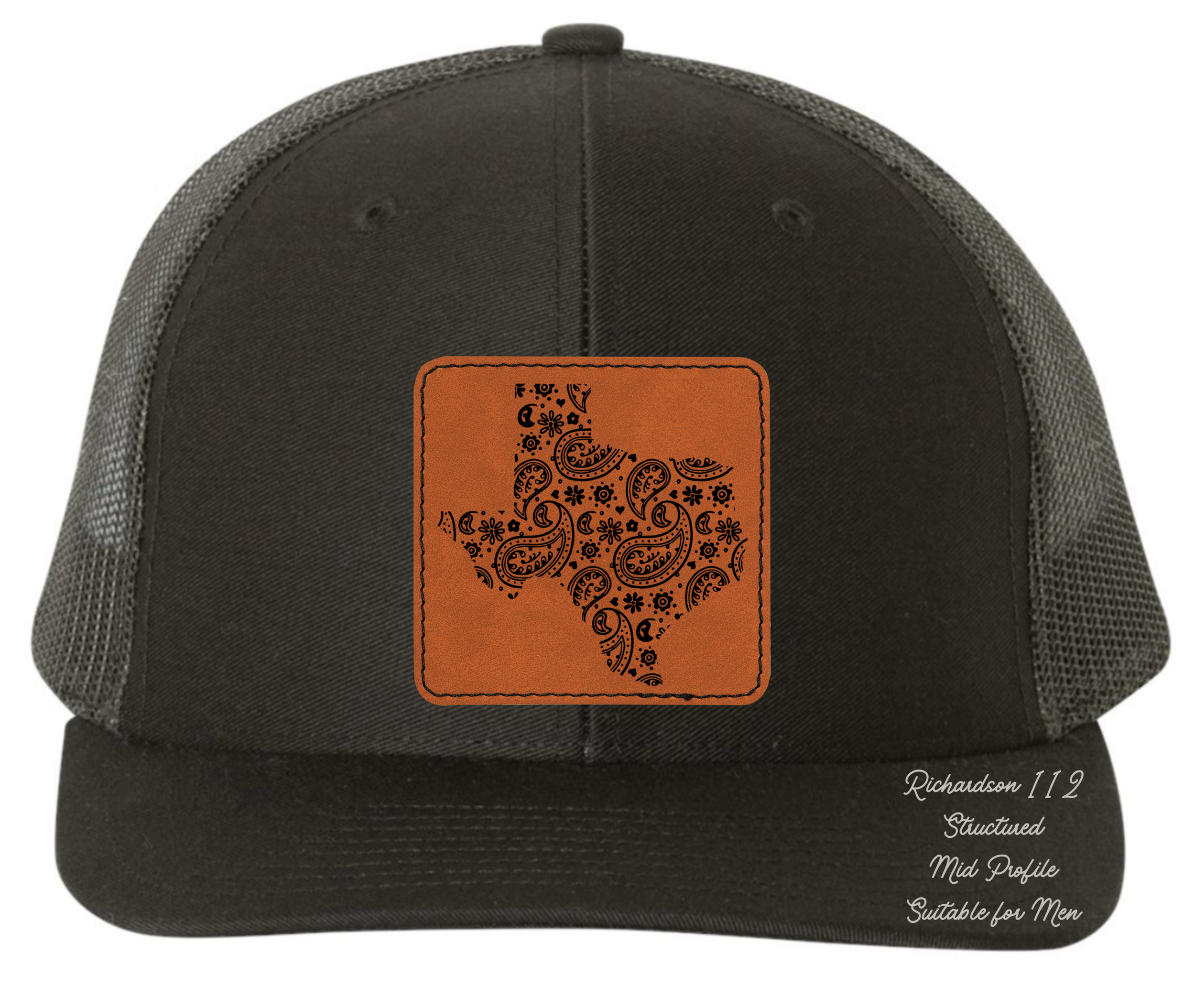 Richardson 112 black hat tooled leather in the shape of Texas