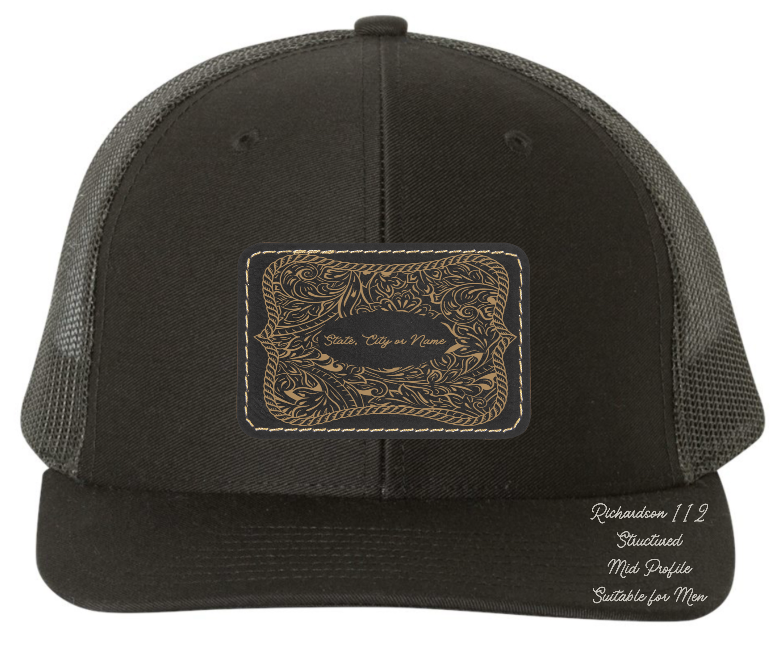 Richardson 112 black hat tooled leather Texas oval rectangle Customizable